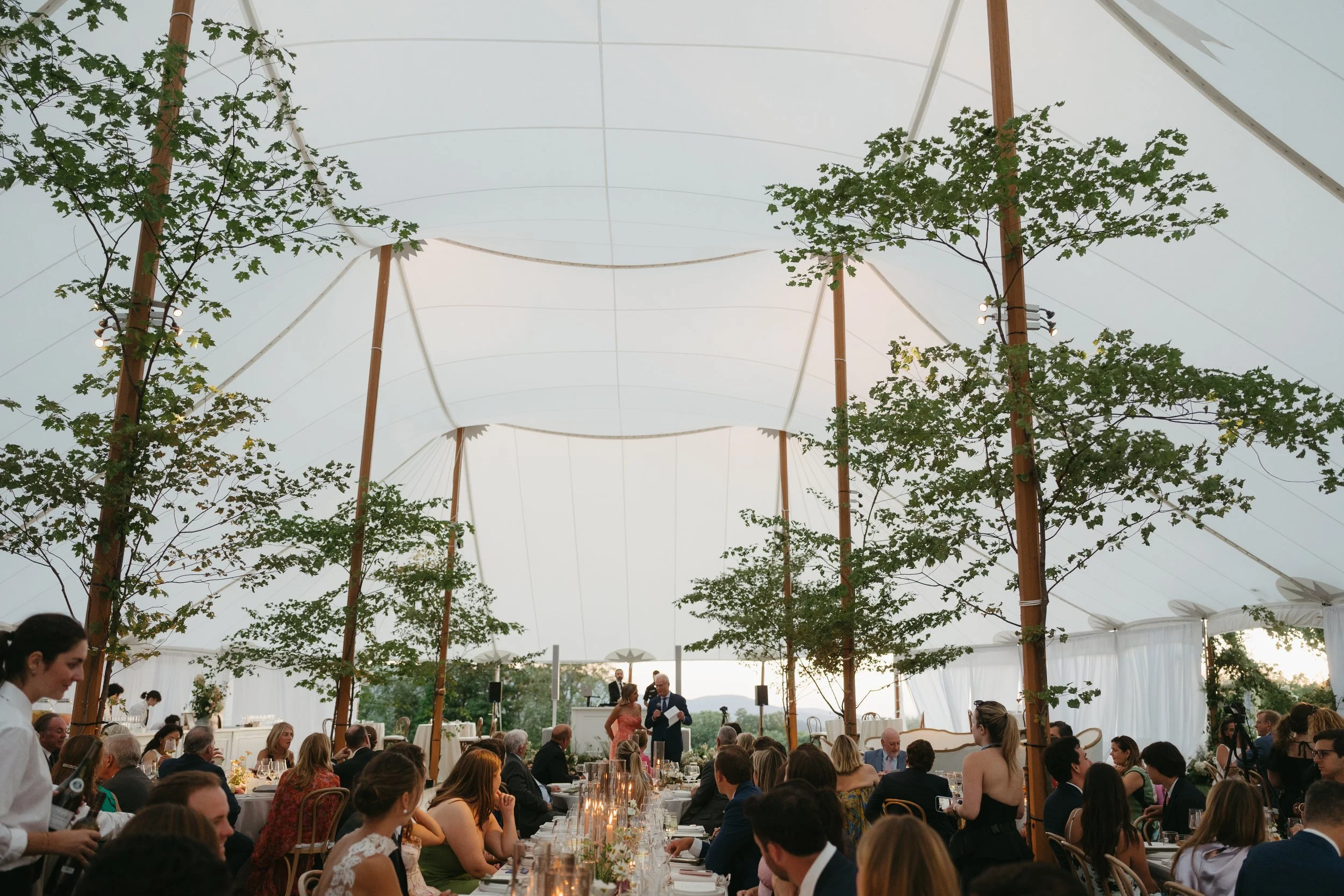 Reception tables beneath sailcloth tent accented with tree-like greenery installations