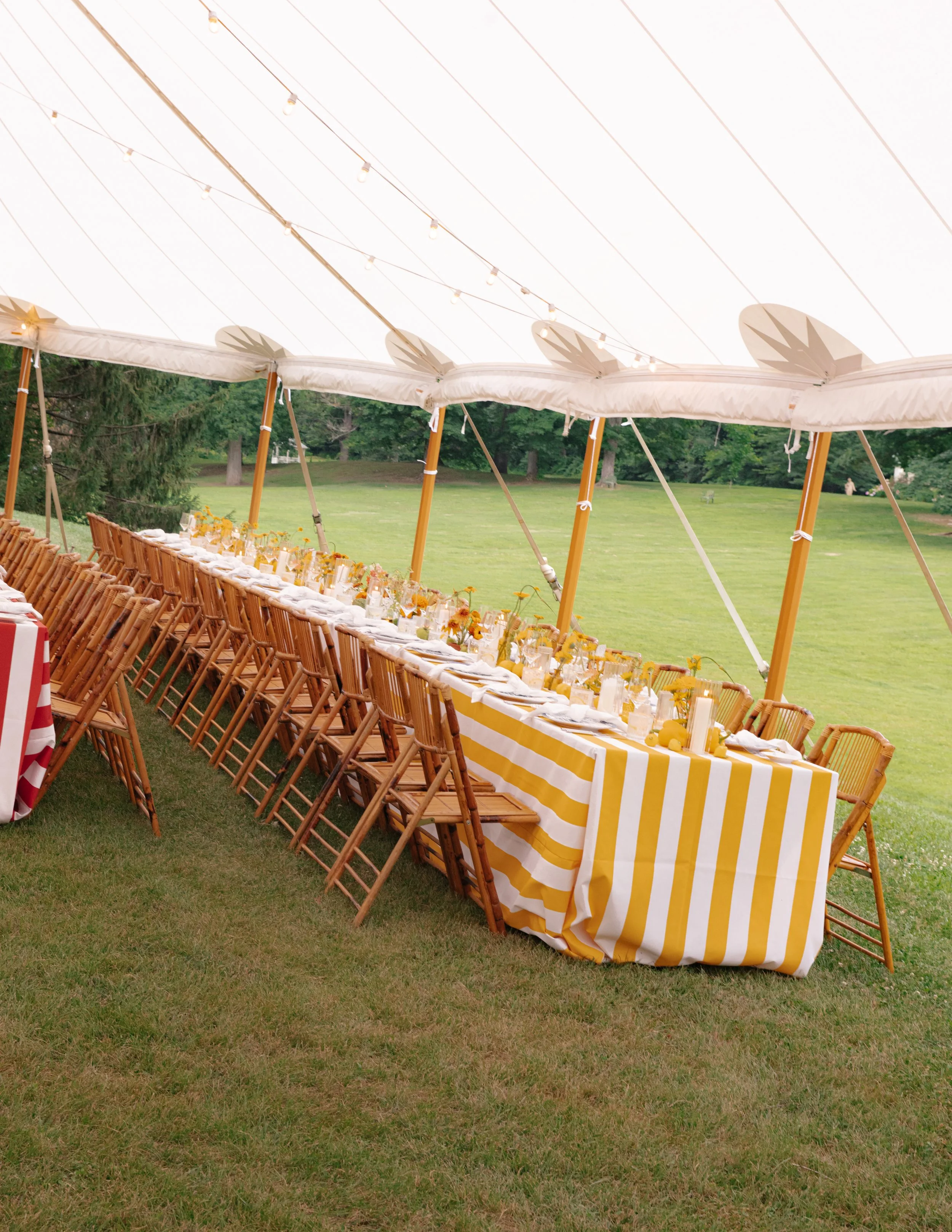 Long outdoor reception table with yellow-striped linens at private estate wedding