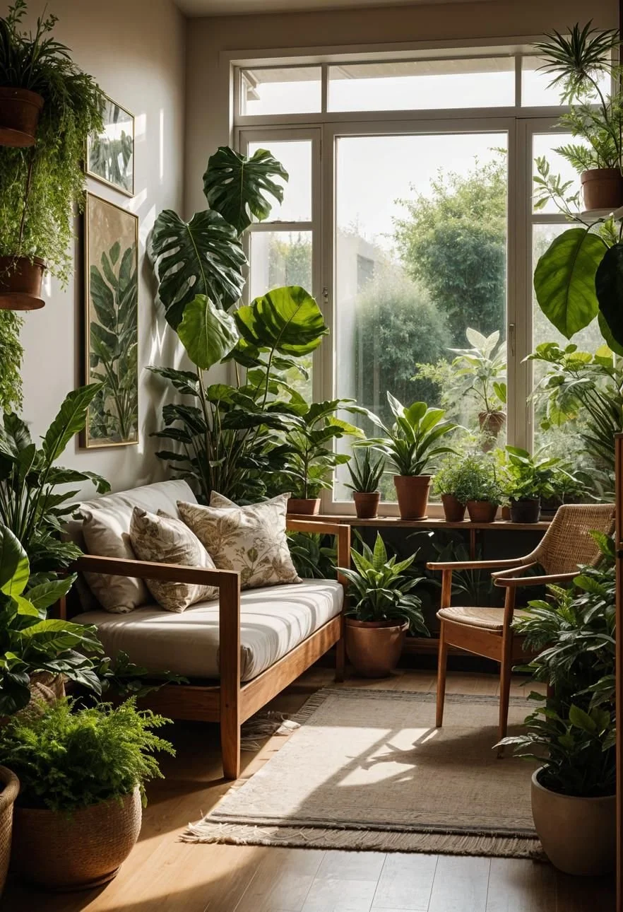 Dozens of green houseplants surrounding a cream and wood framed sofa with soft natural light peering through from a green filled backyard.