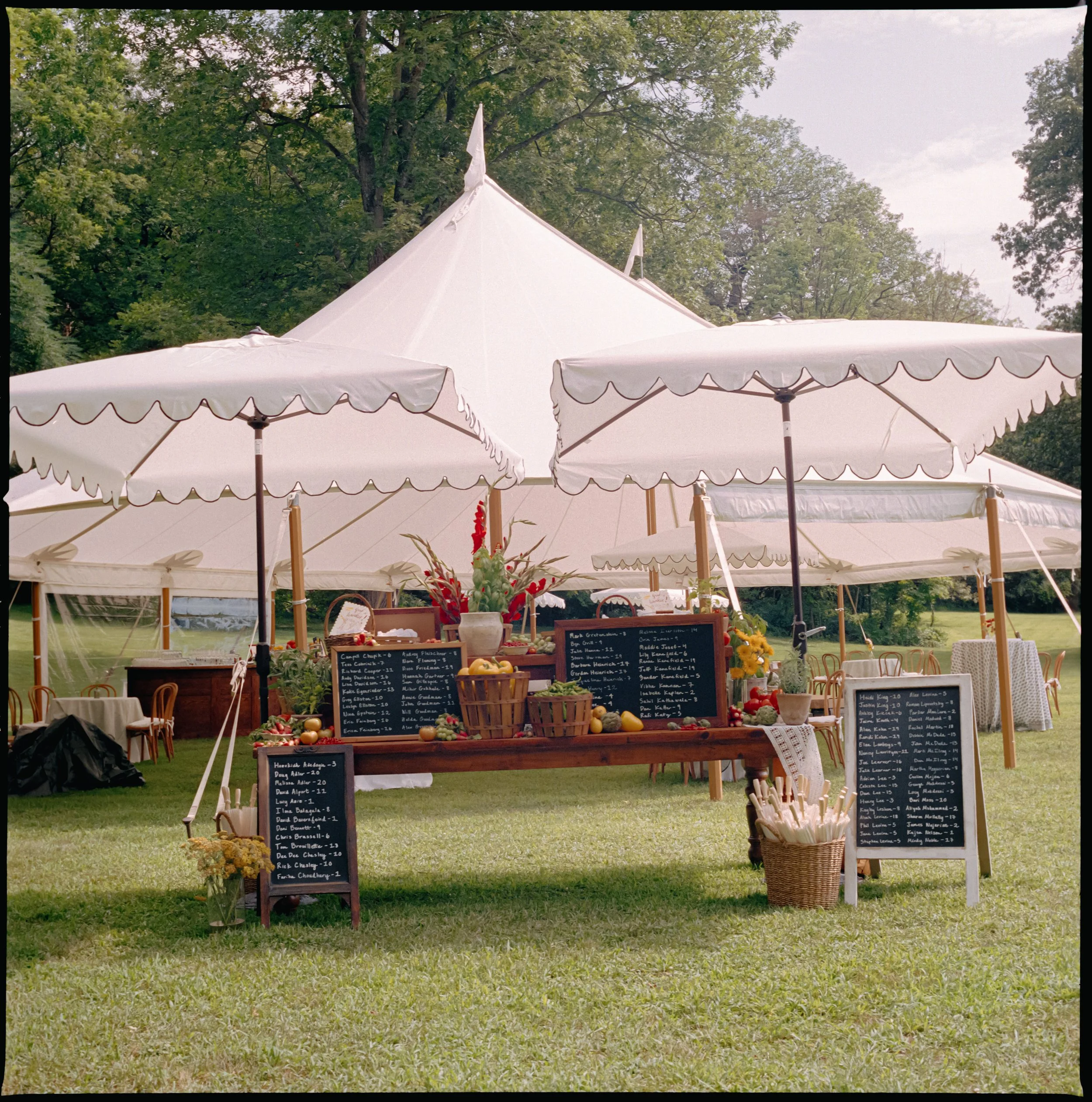 Wide view of outdoor bar and cocktail hour setup beneath tent at private estate wedding