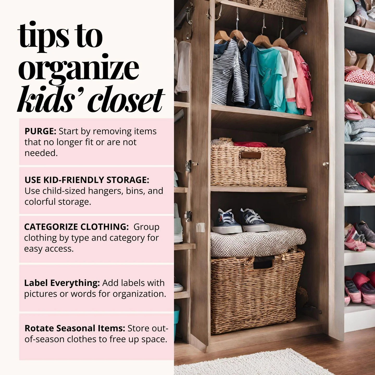 If getting your kids to put away their clothes feels impossible… you’re not alone. 😅
A few smart systems can make all the difference—like labeling bins, using kid-height storage, and rotating seasonal items.
Save these tips