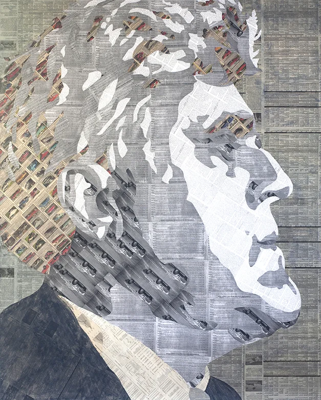 Jay Leno Collage material from The New York Times , Hemmings Motor News , and photocopies from Classic & Sports Car , Thoroughbred & Classic Cars , acrylic, gesso and pencil on canvas, 60 x 48 inches, 2016 Available