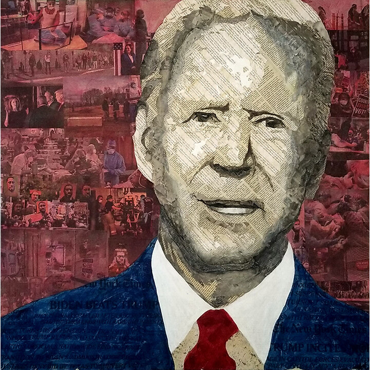   President Joe Biden  Collage material from The New York Times, and the transcript of Biden's November 11, 2020 victory speech from The Washington Post, acrylic, gesso and pencil on canvas, 30 x 30 inches, 2021.    Available  