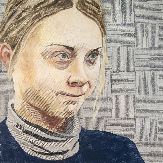   Wise Beyond Her Years  Collage material from Greta Thunberg's September 23, 2019 speech before the United Nations Climate Action Summit, acrylic and pencil on canvas, 30 x 30 inches, 2021.   Available   