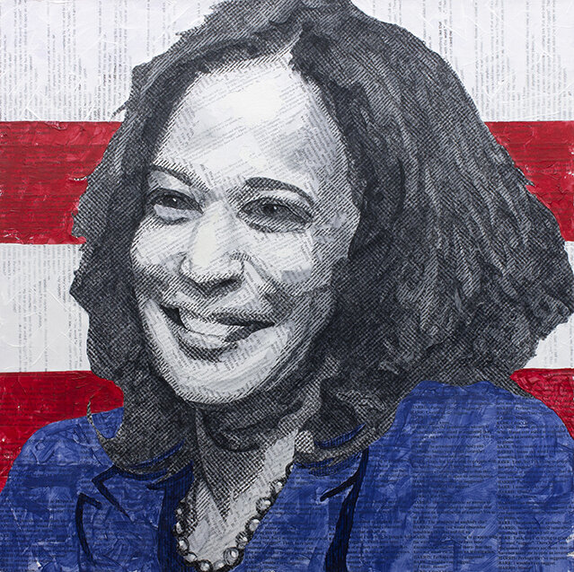   Vice President Harris  Collage material from the transcript of U.S. Senator Kamala Harris questioning Attorney General William Barr before the Senate Judiciary Committee, May 1, 2019, acrylic and pencil on canvas, 30 x 30 inches, 2021   Available  
