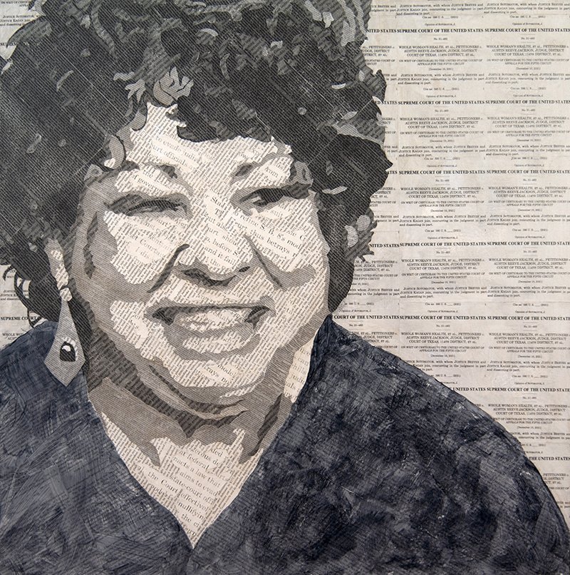   Justice Sotomayor  Collage material from Justice Sotomayor's dissent in the Texas abortion case Whole Woman’s Health v. Jackson, 595 U.S.  (2021) acrylic and pencil on canvas, 30 x 30 inches, 2022   Available  