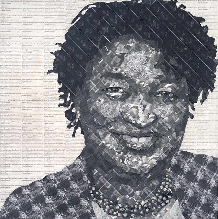   Stacey Abrams  Collage material from the  New York Times  and altered photographs, acrylic, and pencil on canvas   Available  