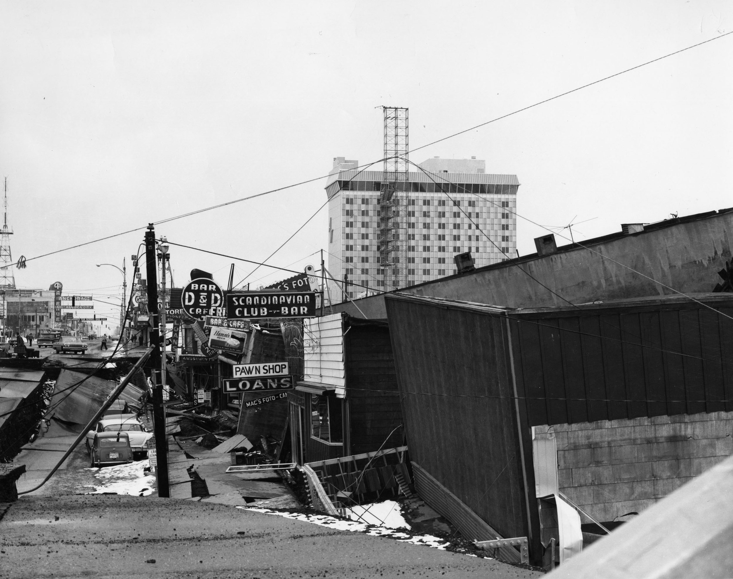 Earthquake, 1964 - Central Business District, Anchorage.  U.S. Army, Betty Bannon Collection; Anchorage Museum, B1970.015.71
