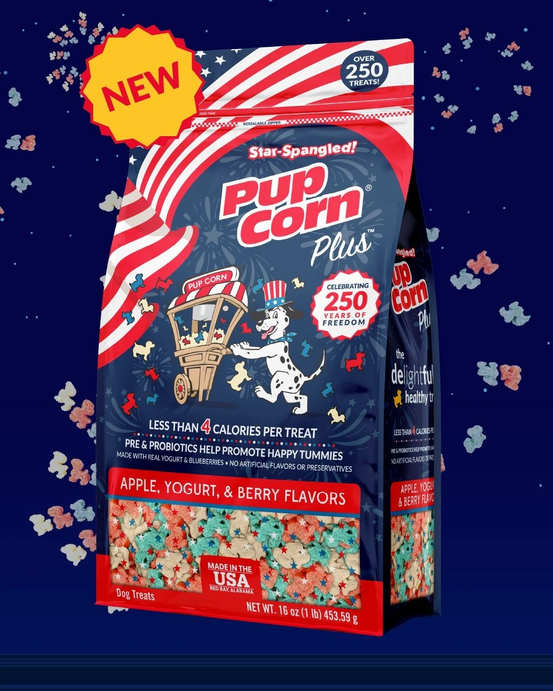 With three new flavors- apple, yogurt, and berry- the all new Star Spangled Pup Corn has over 250 treats to share with your pup all summer long! ❤️🤍💙