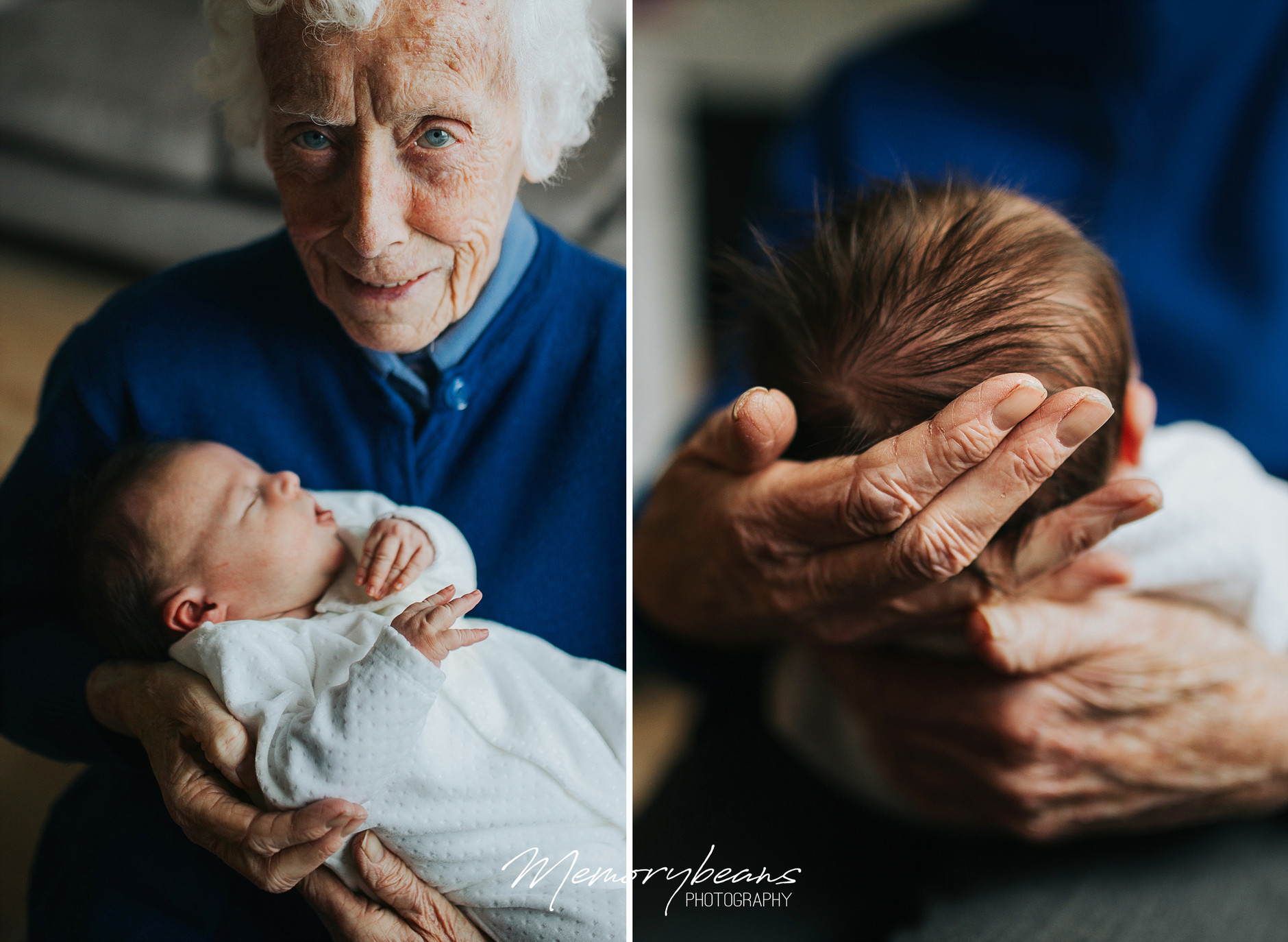 Great grandmother holding newborn baby in her hands in Dublin