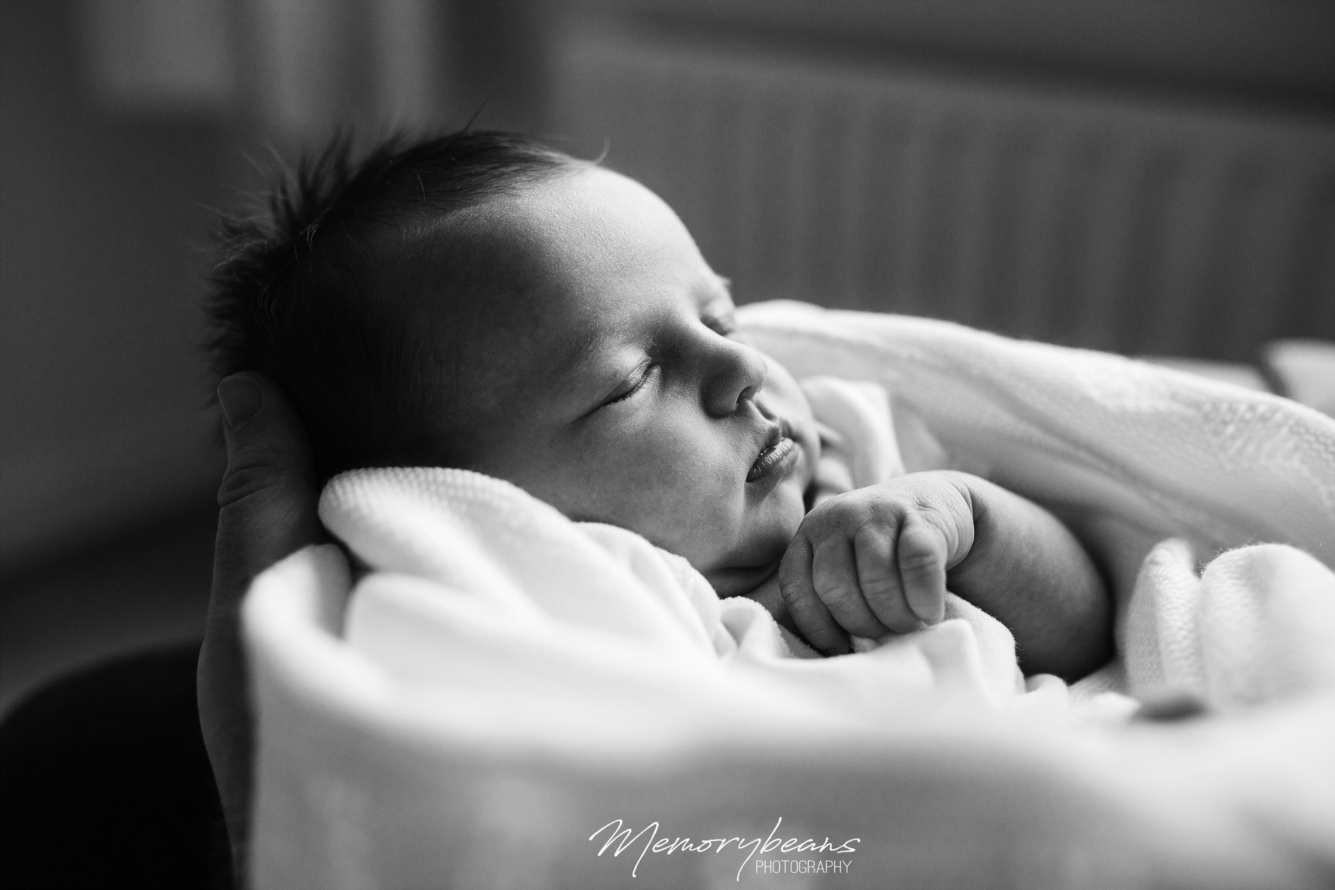 Cute newborn baby asleep in his father’s arm at home