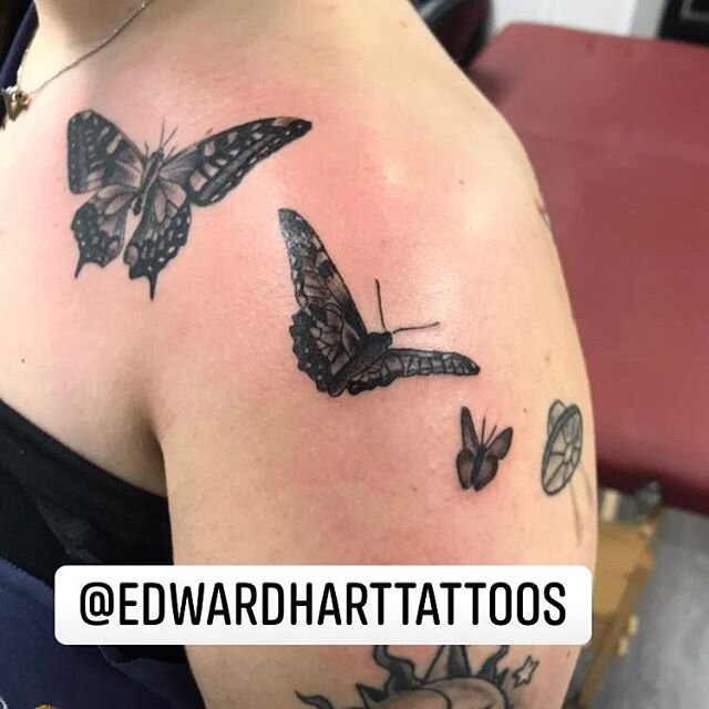 Black and grey butterflies done recently at Park Ave. Tattoo by Edwardharttattoos. I would love to do more so if your interested in butterflies get at me via the shop or DM my Instagram account. #butterflies #bugbird #insect #pretty #blackangrey #but