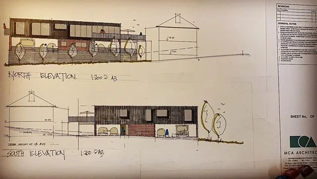 MCA architects are working on a new residence for a return client (the best to have) long skinny block drops to the rear south and a side slope to the north of about 30 degrees ,,, challenging front cottage is connected to the new home with a link at