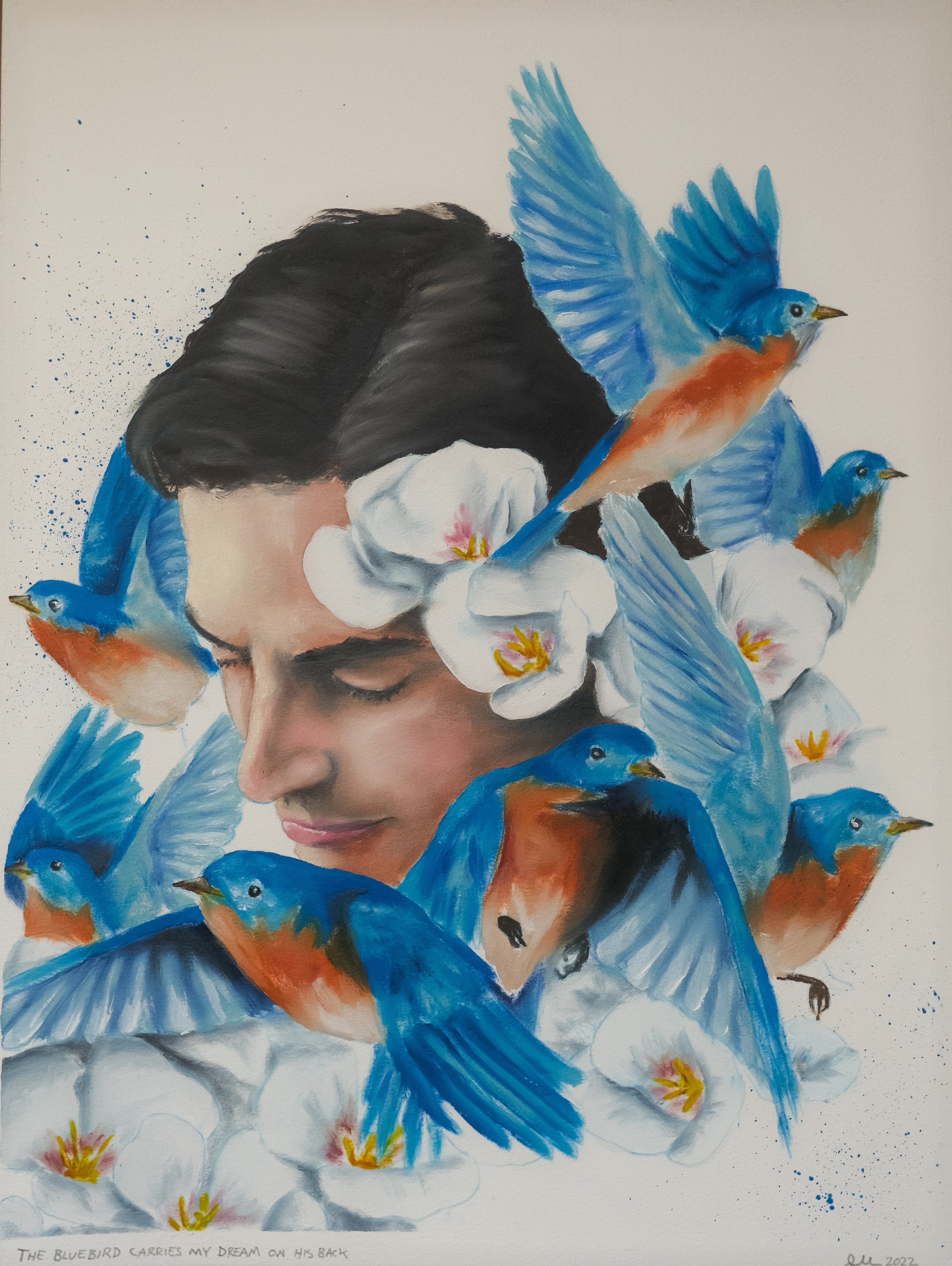   THE BLUEBIRD CARRIES MY DREAM ON HIS BACK   Oil on paper, 12x16”, 2022 