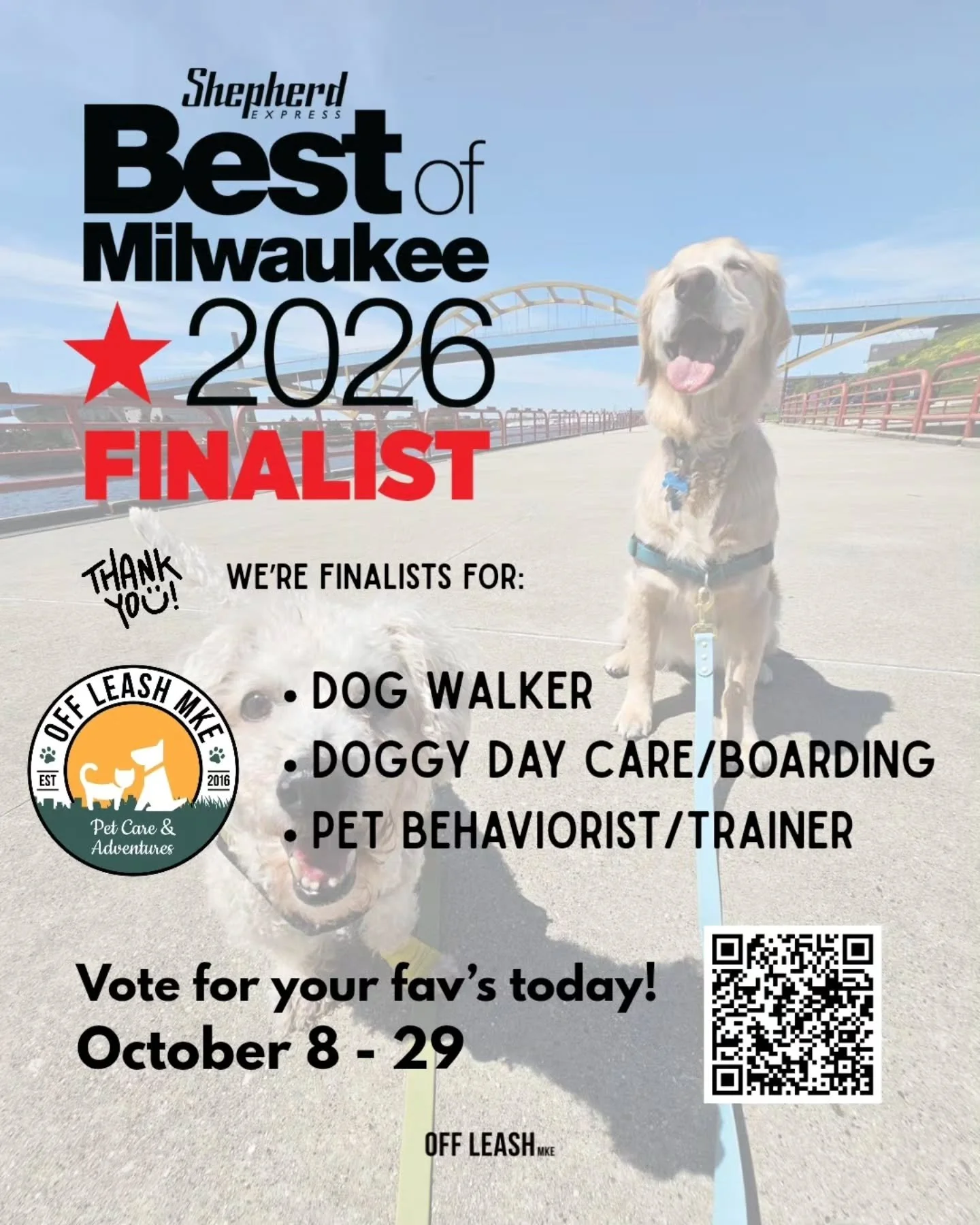 OH MY DOG! 🐾❤️ THREE nominations?! We're feeling all the love, Milwaukee!

We are SO incredibly grateful to everyone who nominated Off Leash MKE for the Shepherd Express Best of Milwaukee 2026! Thanks to you, we're officially FINALISTS in THREE cate