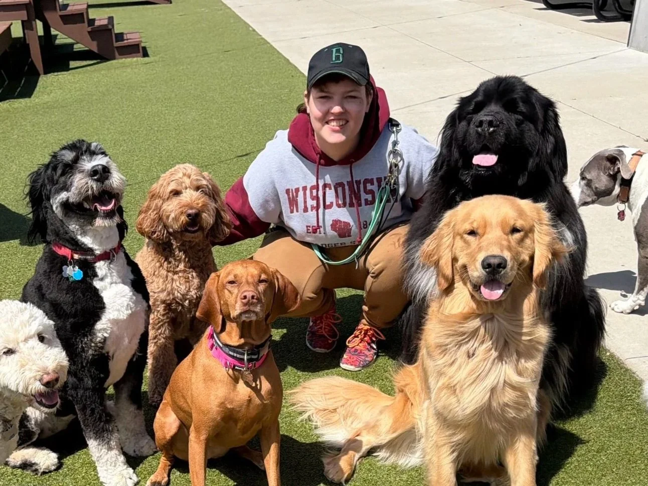 Kayla, a member of the Off Leash MKE team, poses with a group of dogs