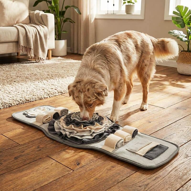 A dog enjoys a snuffle mat inside the home