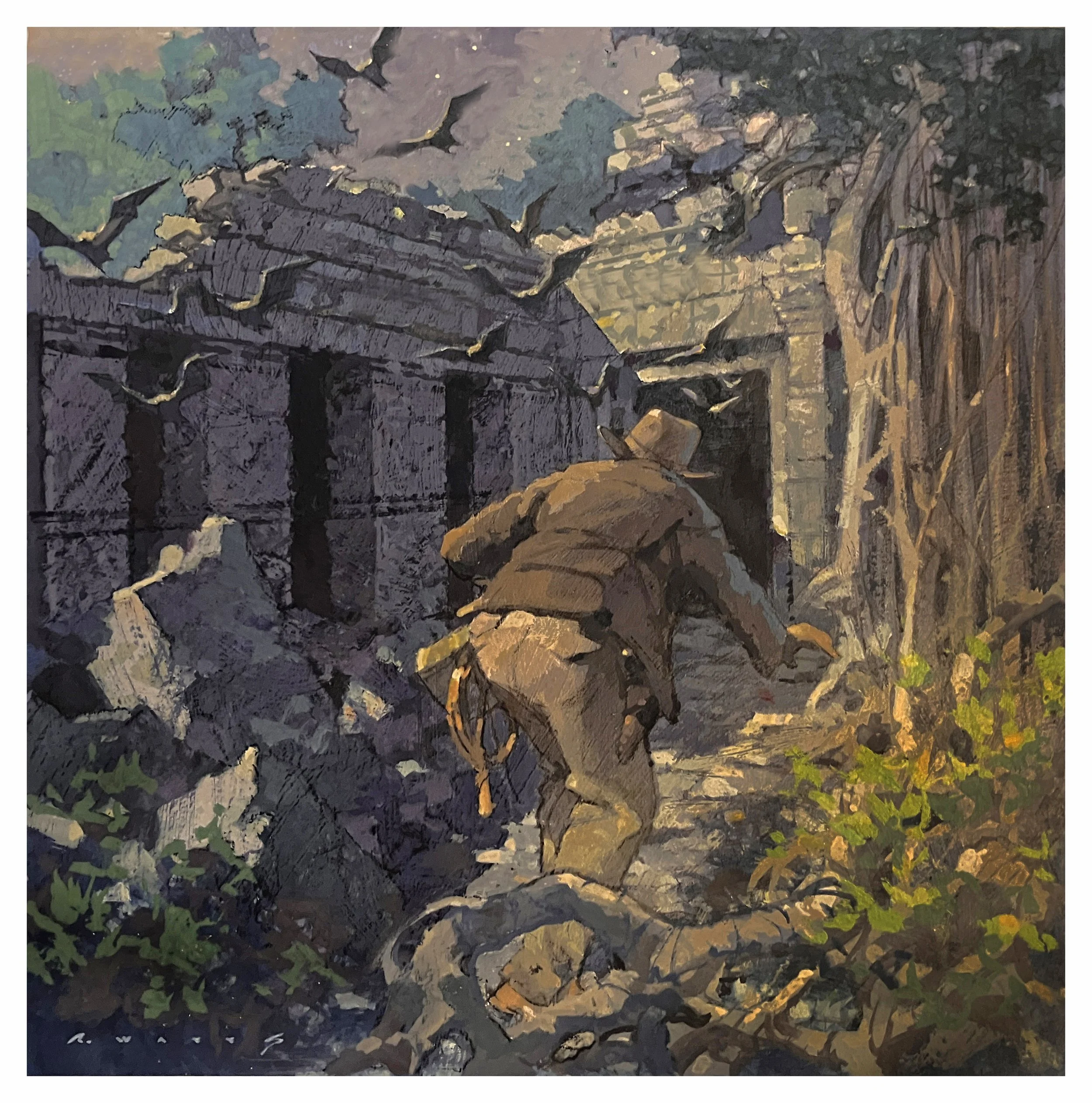 Indy 14 ' Bats and the Anghor Crypt ' 12" x 12" Gouache/casein on Gesso'd board