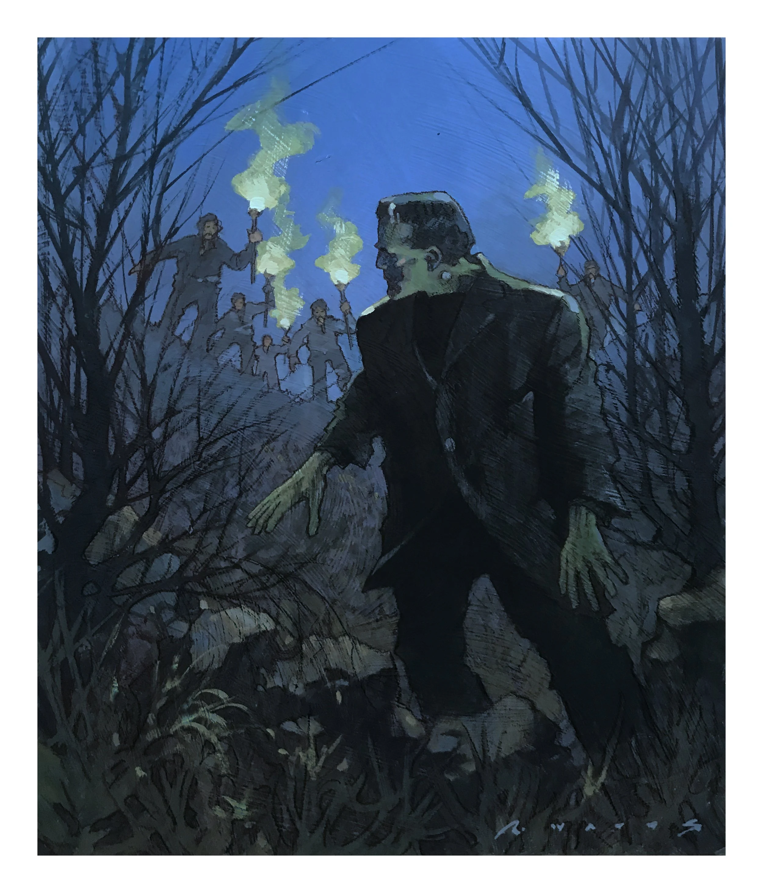 Frankenstein 12.5" X 10.5" casein on gesso'd panel