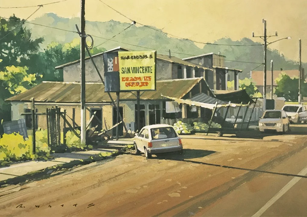 ' A Market of San Vincente ' gouache 14 " X 9.75 on heavy rag board