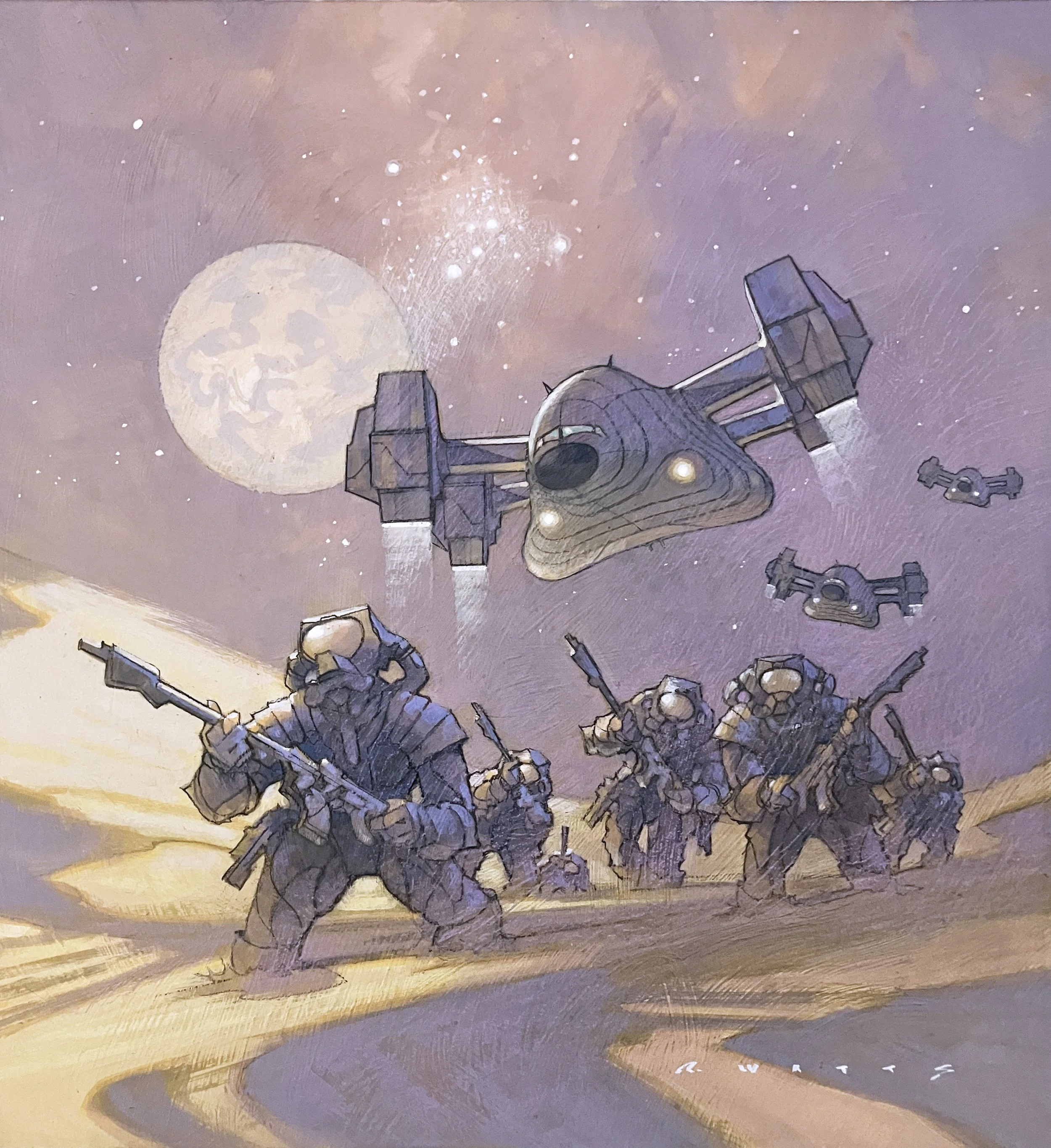 ' LZ (landing Zone) on Aptol4 ' casein and gouache on gesso'd panel 12.25" X 13.25"