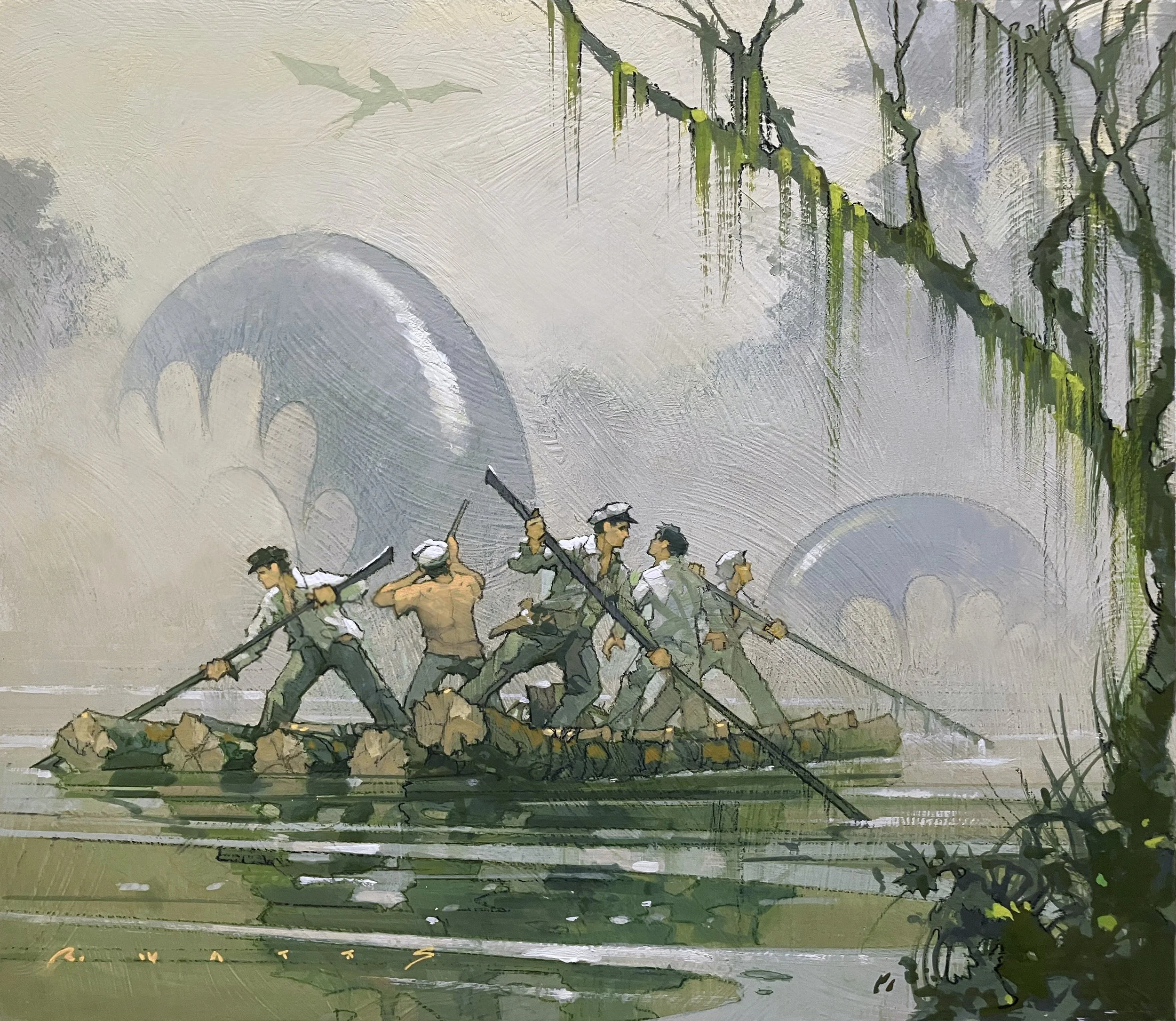' Kong 1 The raft scene ' 11.5" X 13.5" casein & gouache on gesso'd panel