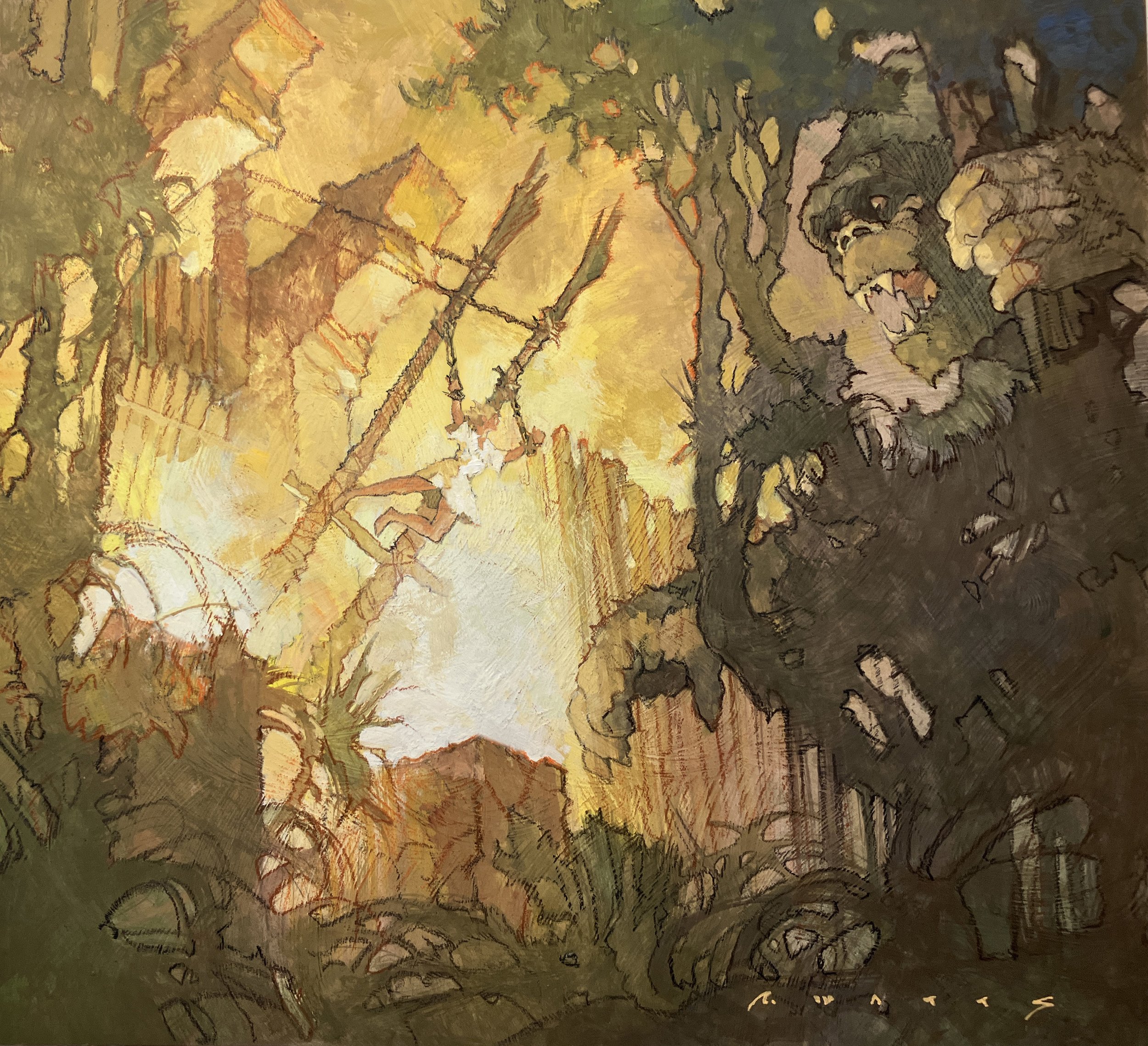 ' Comes The Kong' 10.75 X 11.75 Casein and gouache on gesso'd panel