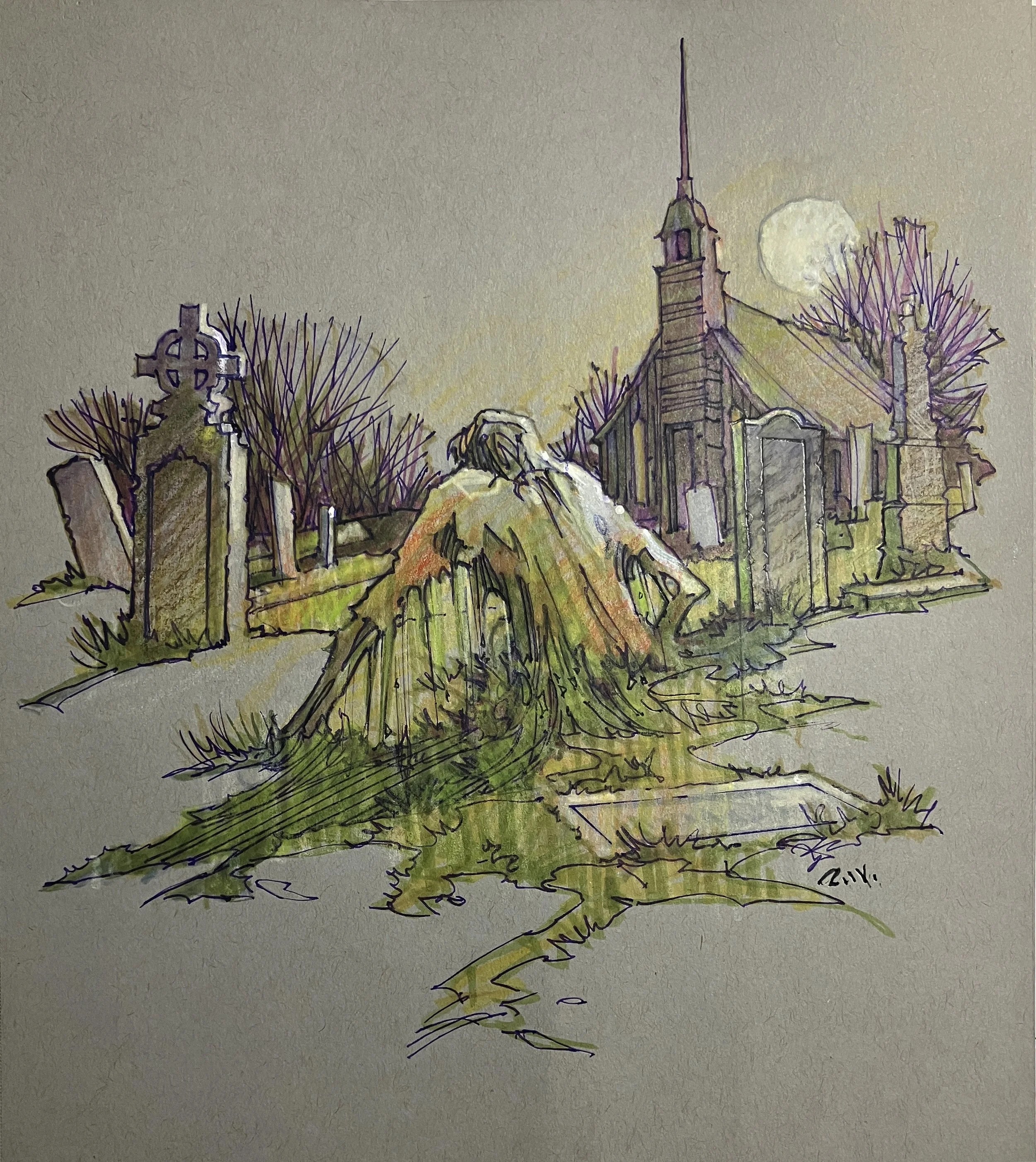 ' The Dead Return ' 9" X 12" mixed media on Mounted toned paper