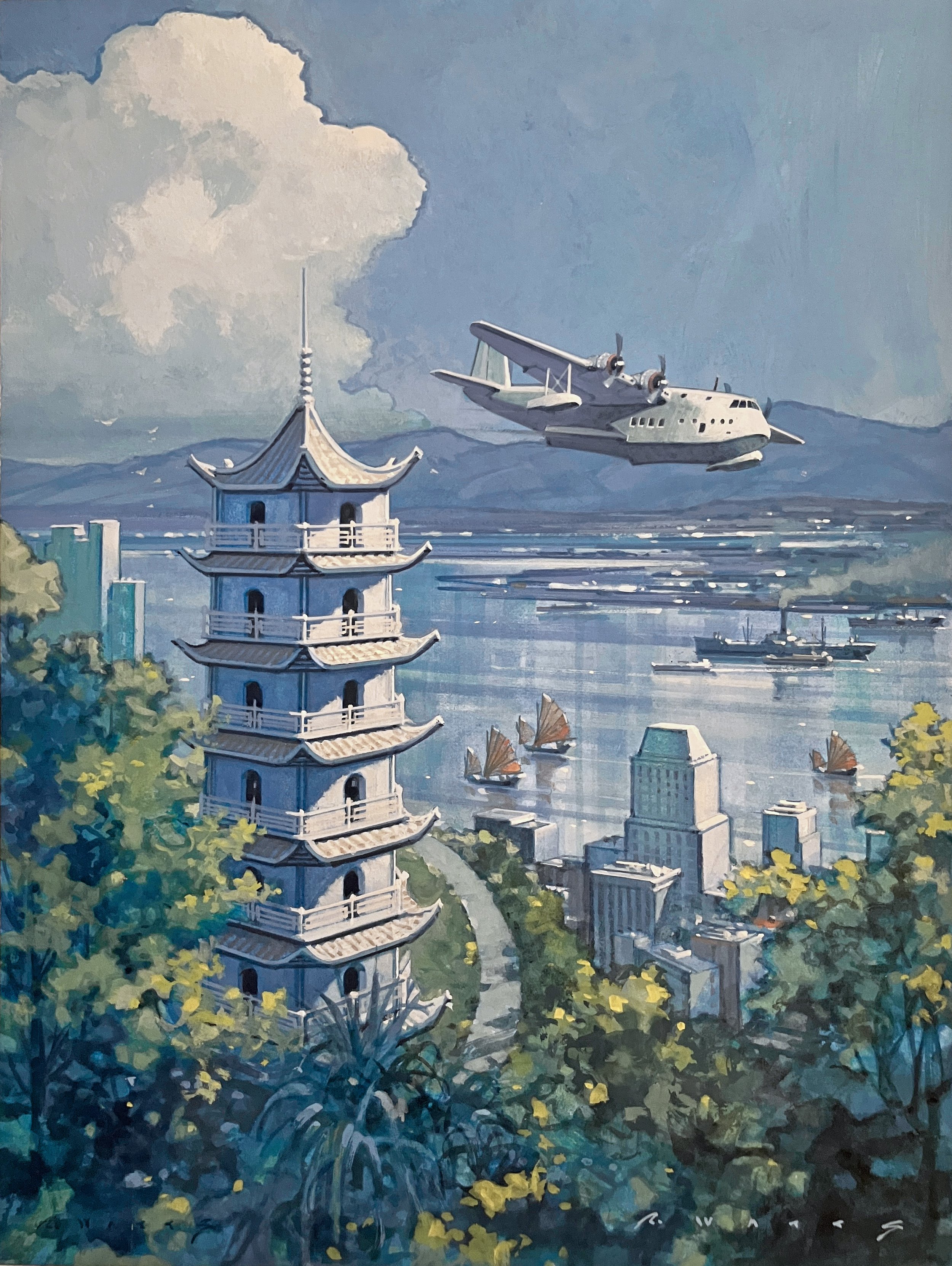 ' Tiger Pagoda Hong Kong 1936 ' gouache on rag board 12" X 16"