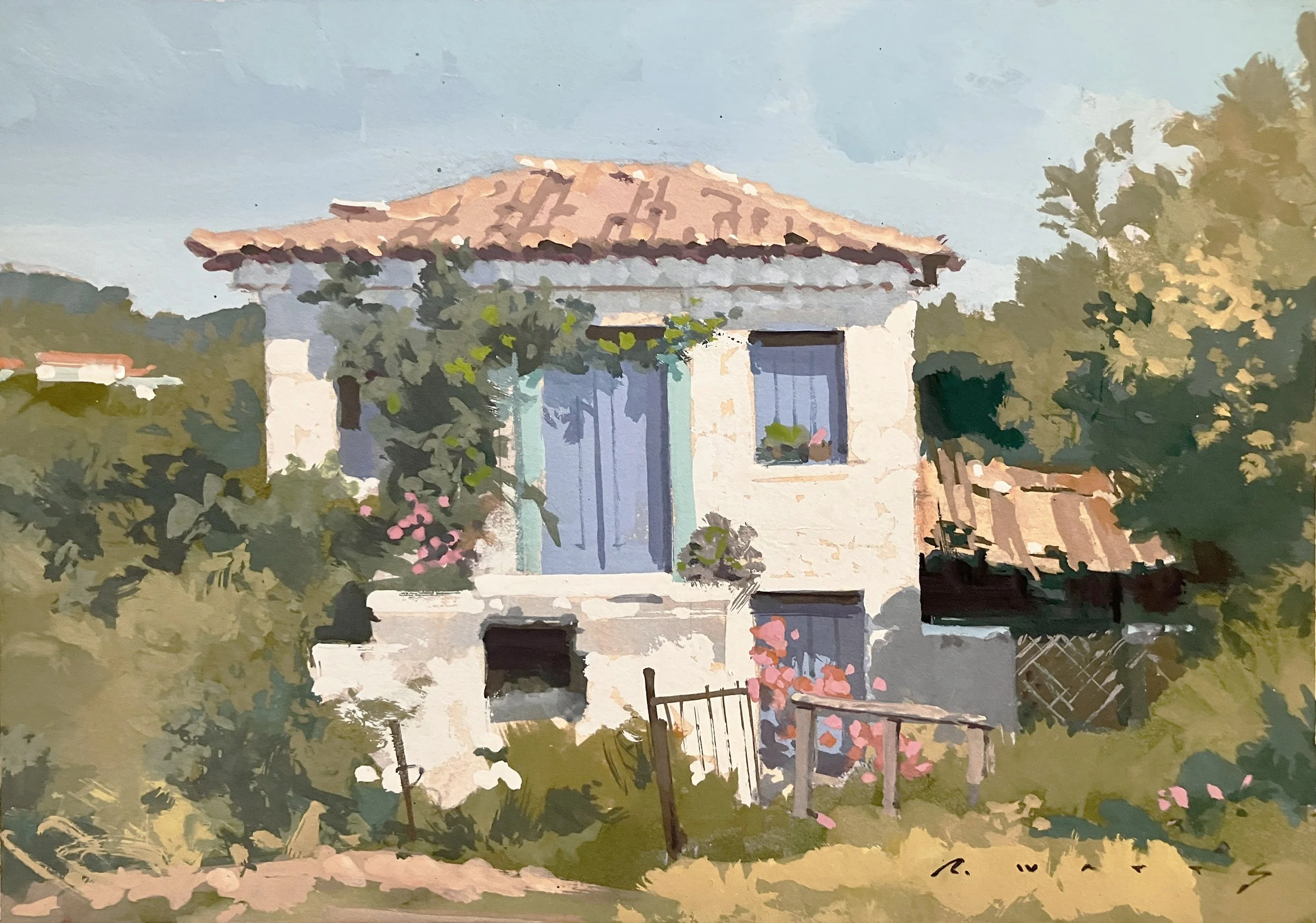 ' Acttage in Stapros ' gouache class demo on rag board 7" X 10"