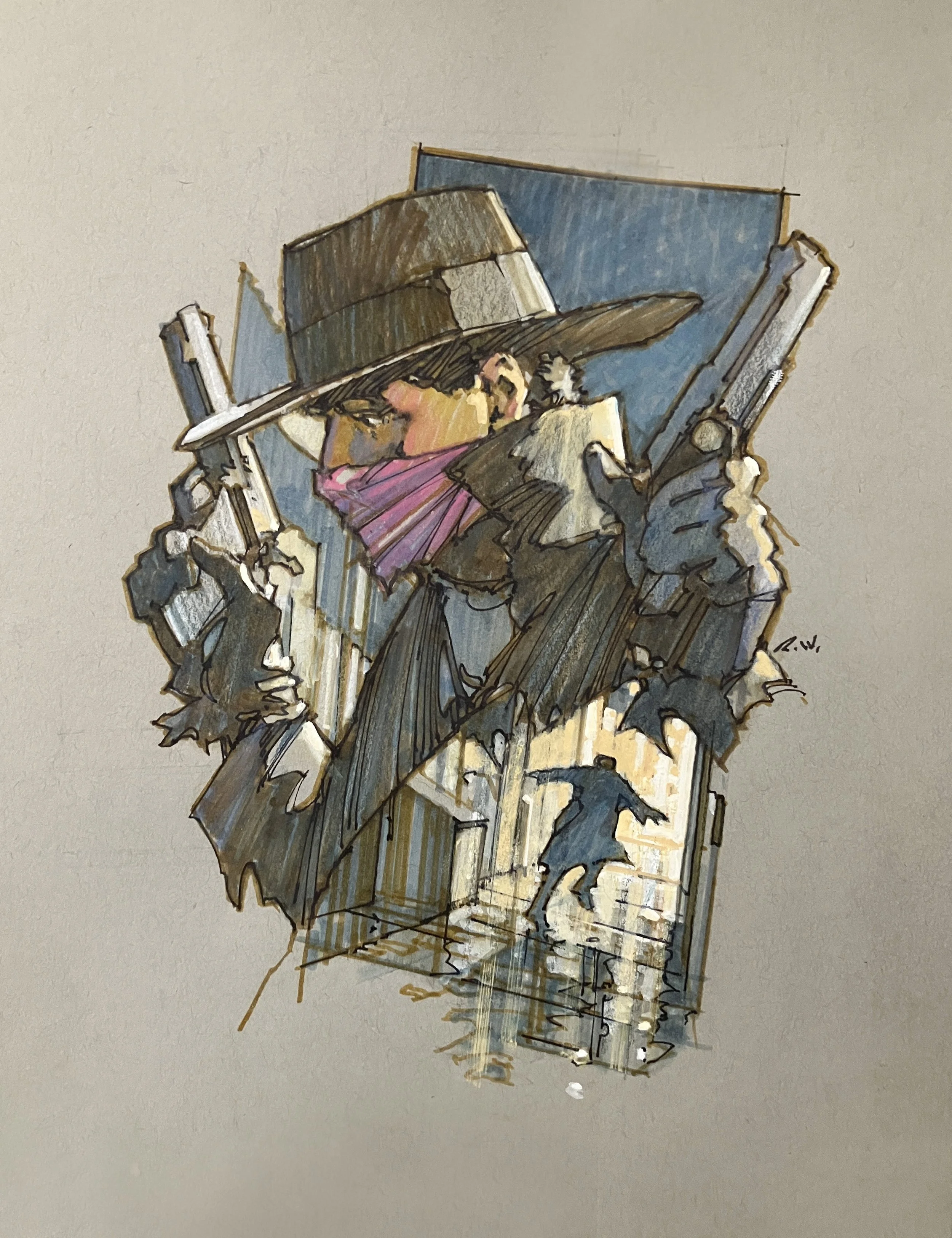 ' The Shadow " 8.5" X 11" mixed media on  panel mounted toned acid free paper