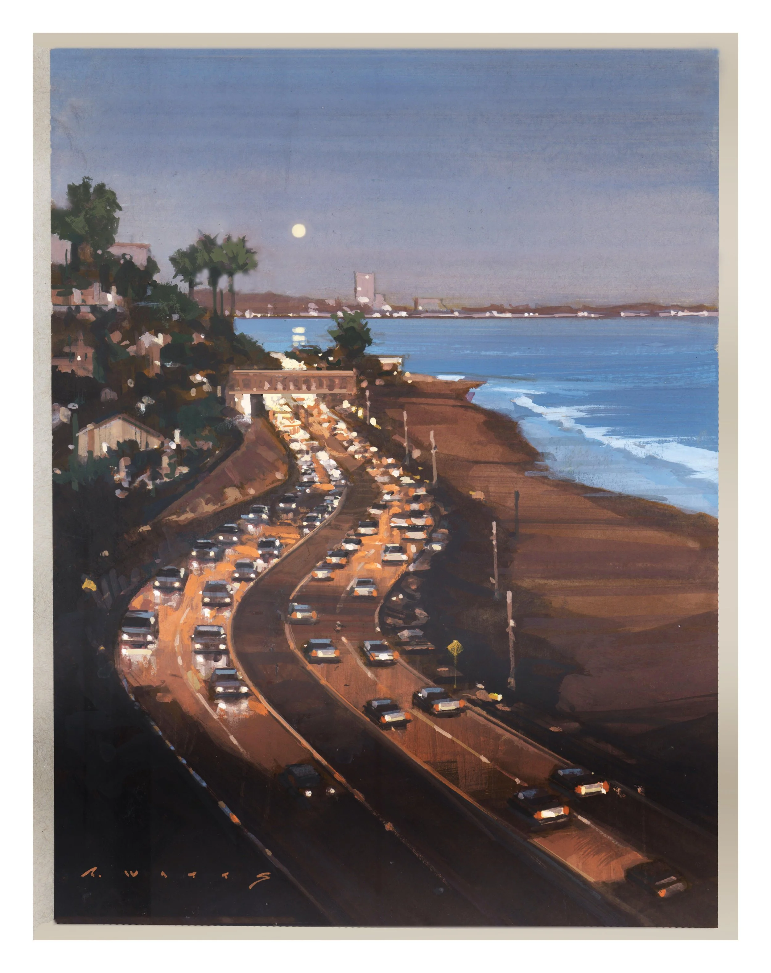 ' Moonrise on the PCH ' 11" X 14" gouach on mounted heavy yoned paper