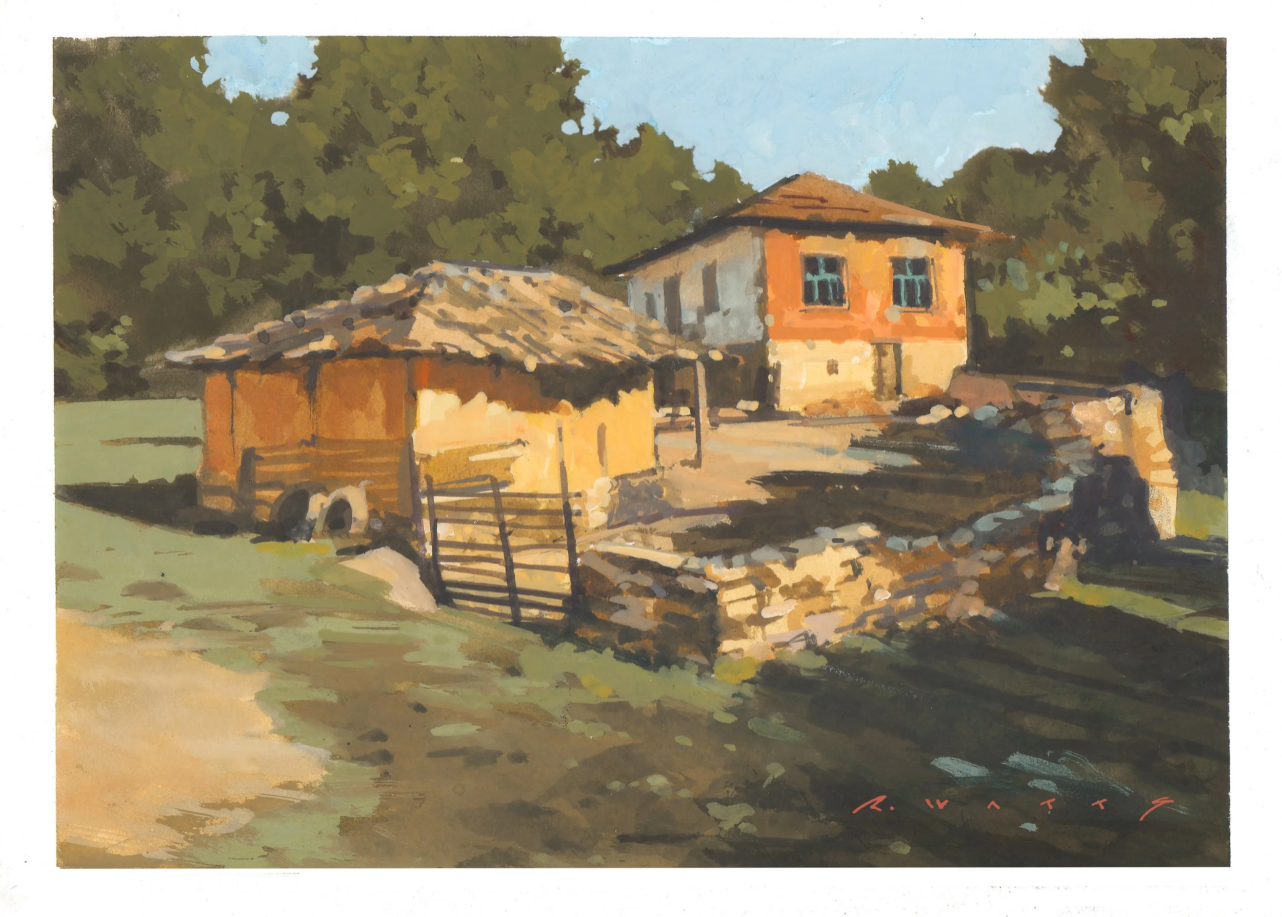 ' Homestead ' gouache demo on rag board 7.25" X  10"