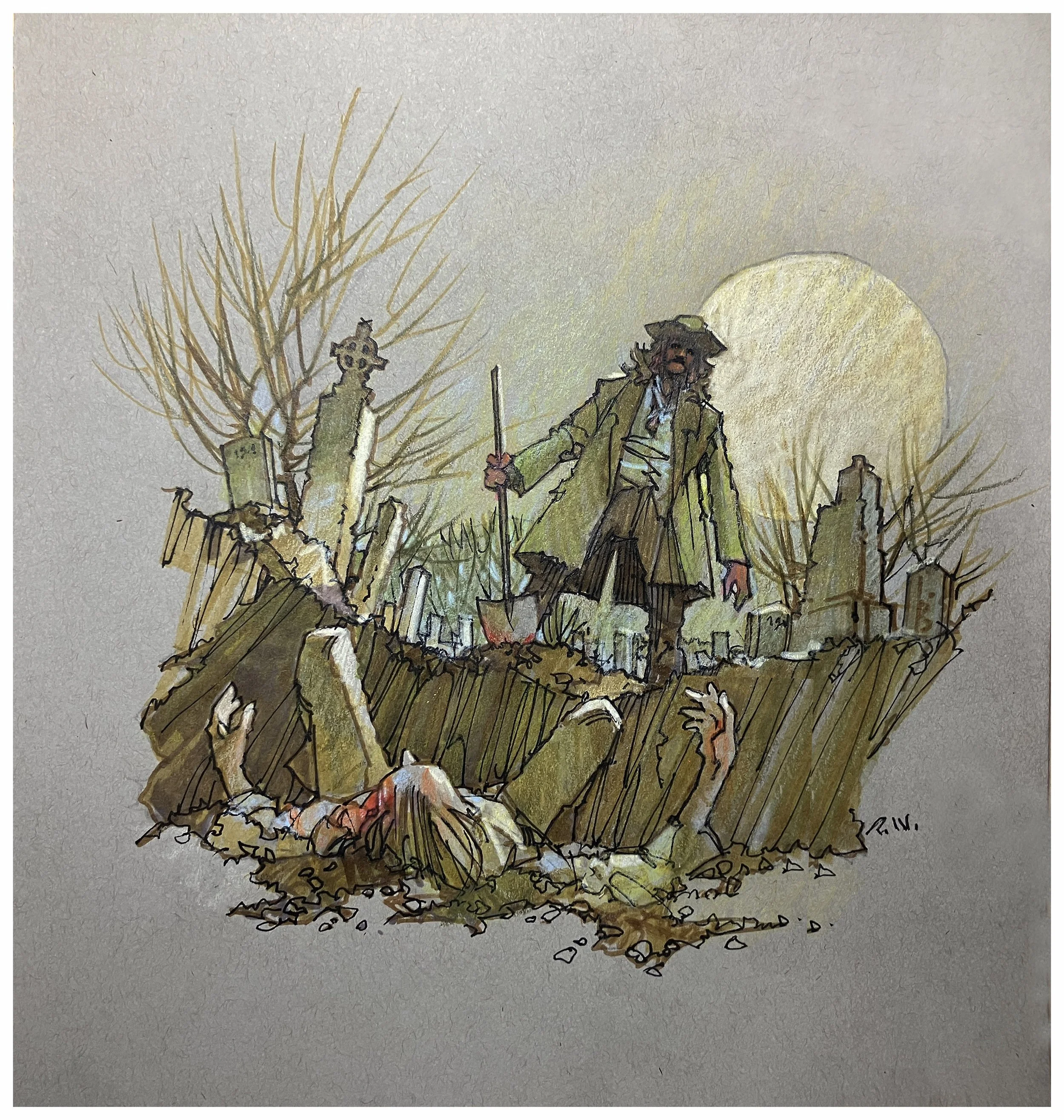 ' The Gravedigger " 9" X 12" mixed media on mounted toned paper