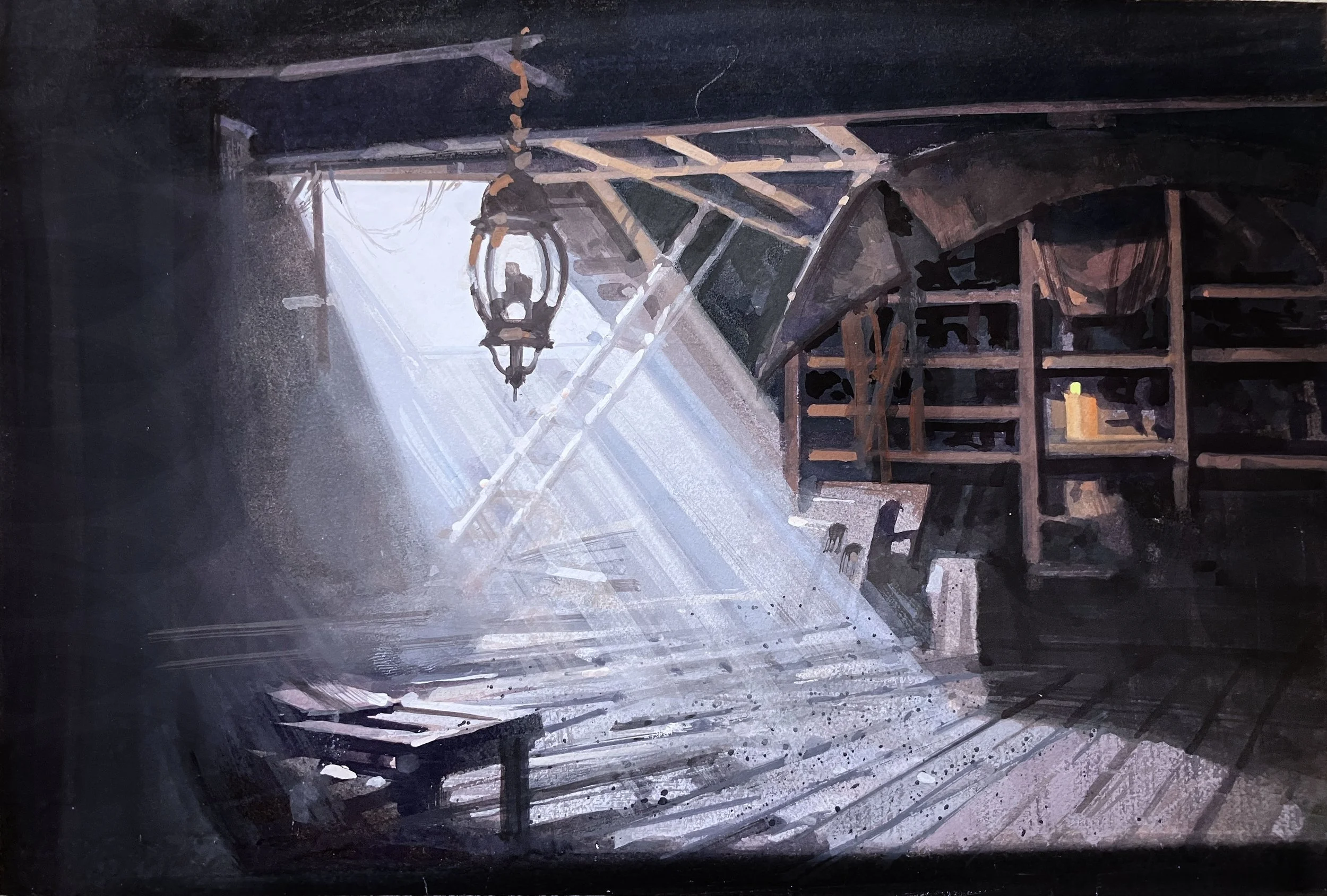 ' Attic Gloom ' 10.35" X 7"  Gouache class demo