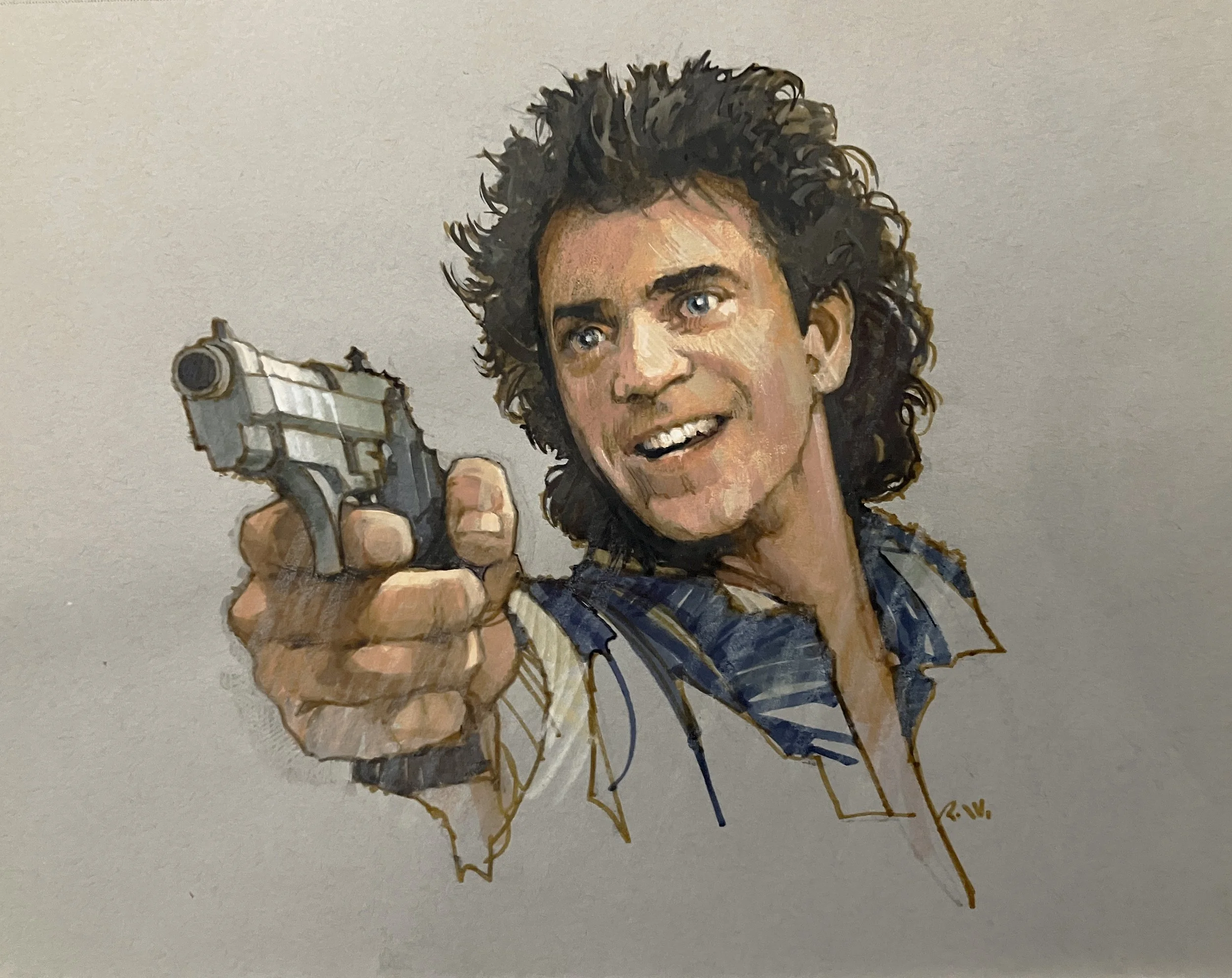 ' Mel Gibson as Riggs Lethal Weapon ' 9" X 12" mixed media on toned and mounted acid free paper