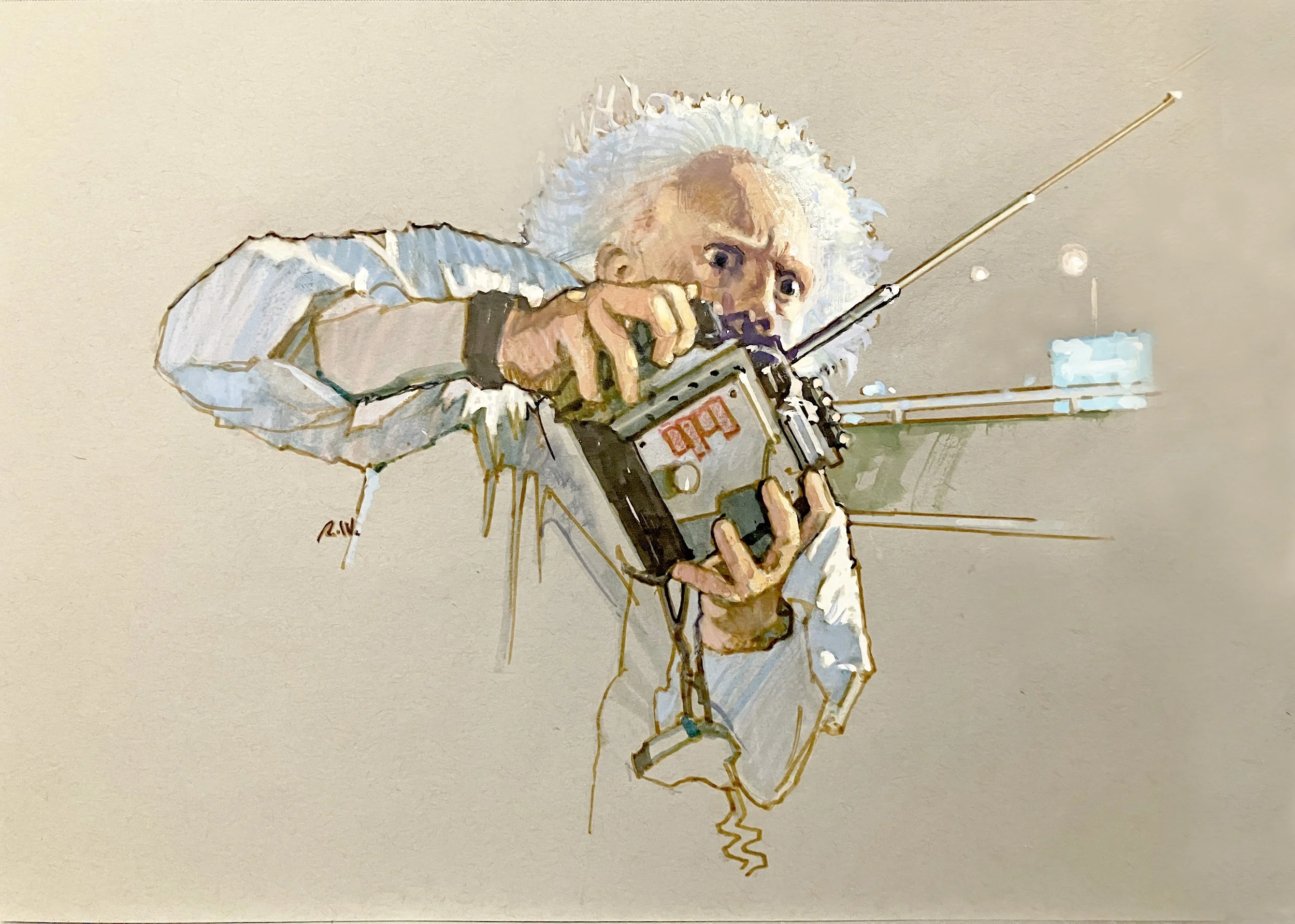 ' Doc Brown... Back To The Future" 9" X 12" mixed media on toned mounted pacid free paper.