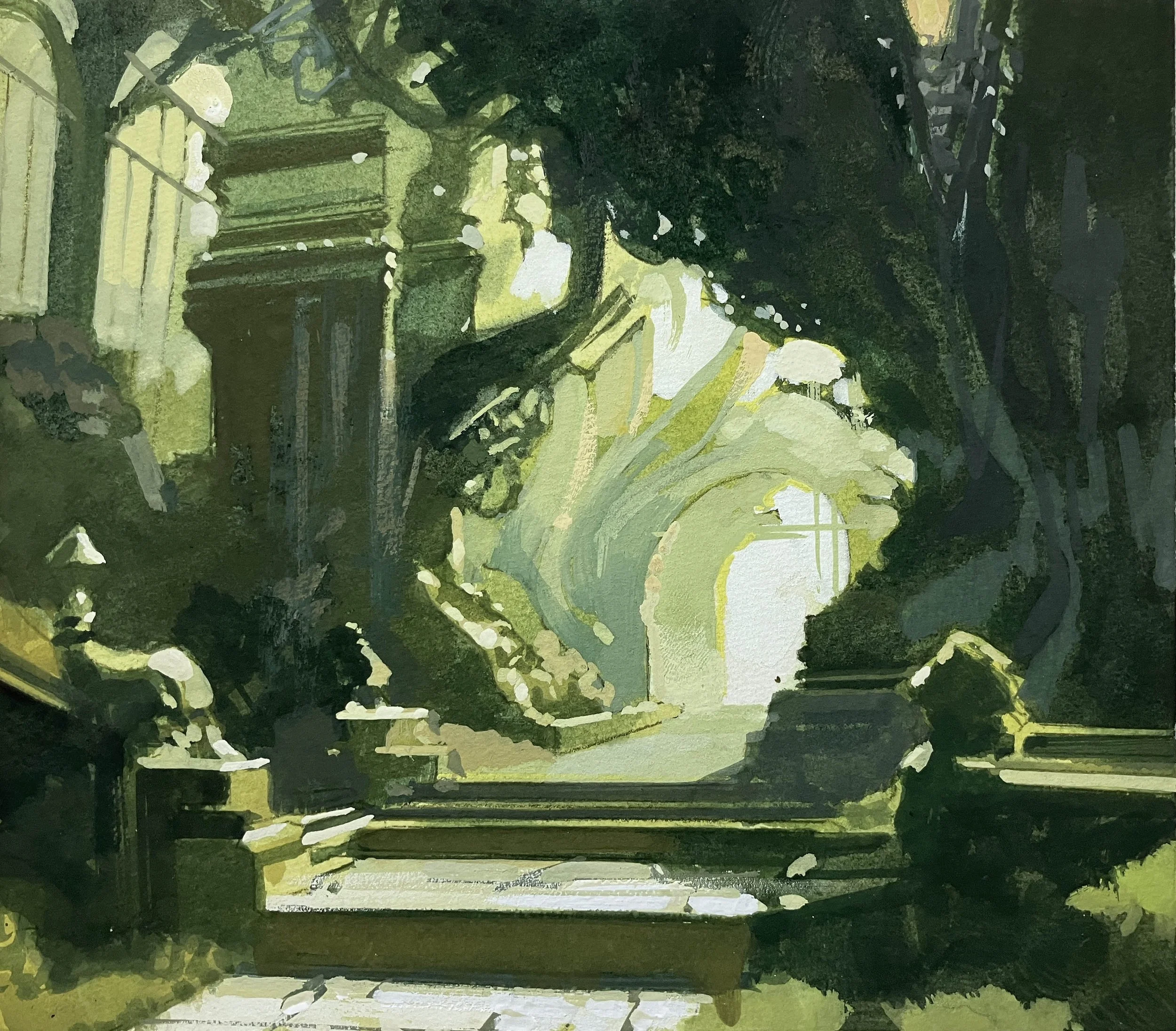' Chamber of Green ' 8" X 7" gouache class demo on rag board