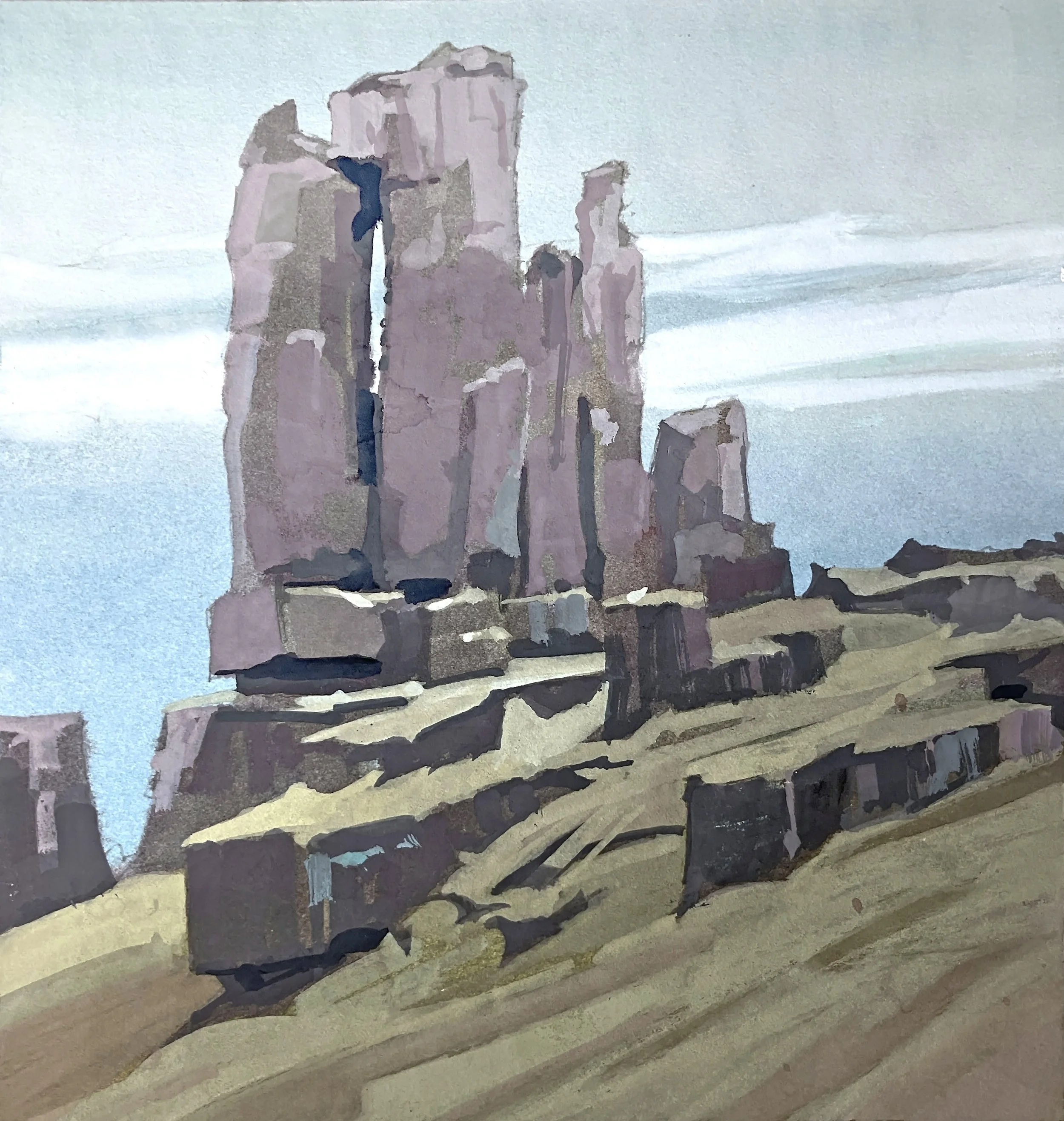 ' A Stone Skyline '  8.5" X  8" Gouache class demo on rag board. 8.5" X 8"