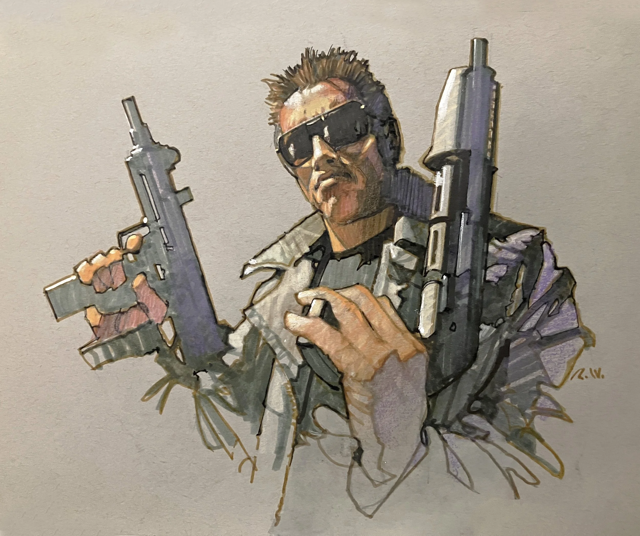 ' Terminator ' 9" X 12' mixed media on mounted toned acid free paper.