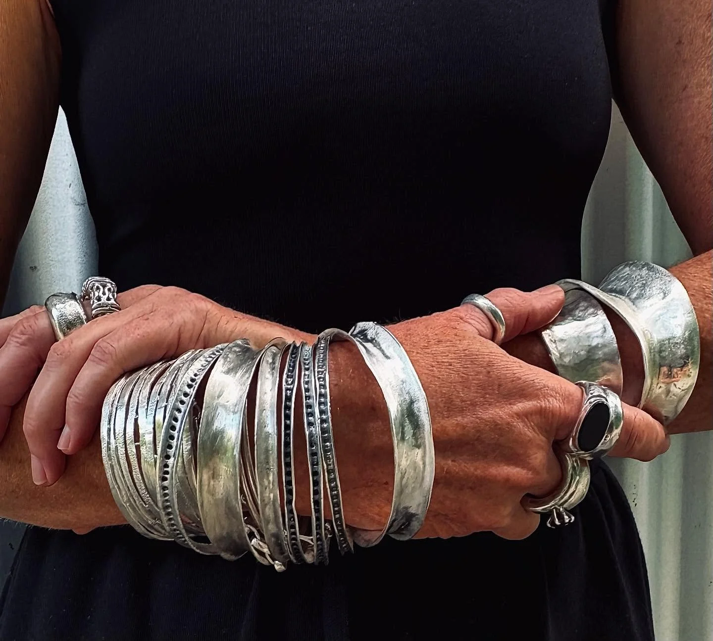 Too Much can Never be Enough. Bx #ewajewelry
:
:
#custommade #chunky #bracelets #handmade #triballuxe #raw #real #silver #jewelry #jewelrydesigner #mystyle #musthave #statementjewelry #womendesigningforwomen #portdouglas #fashion #sterlingsilver #mel