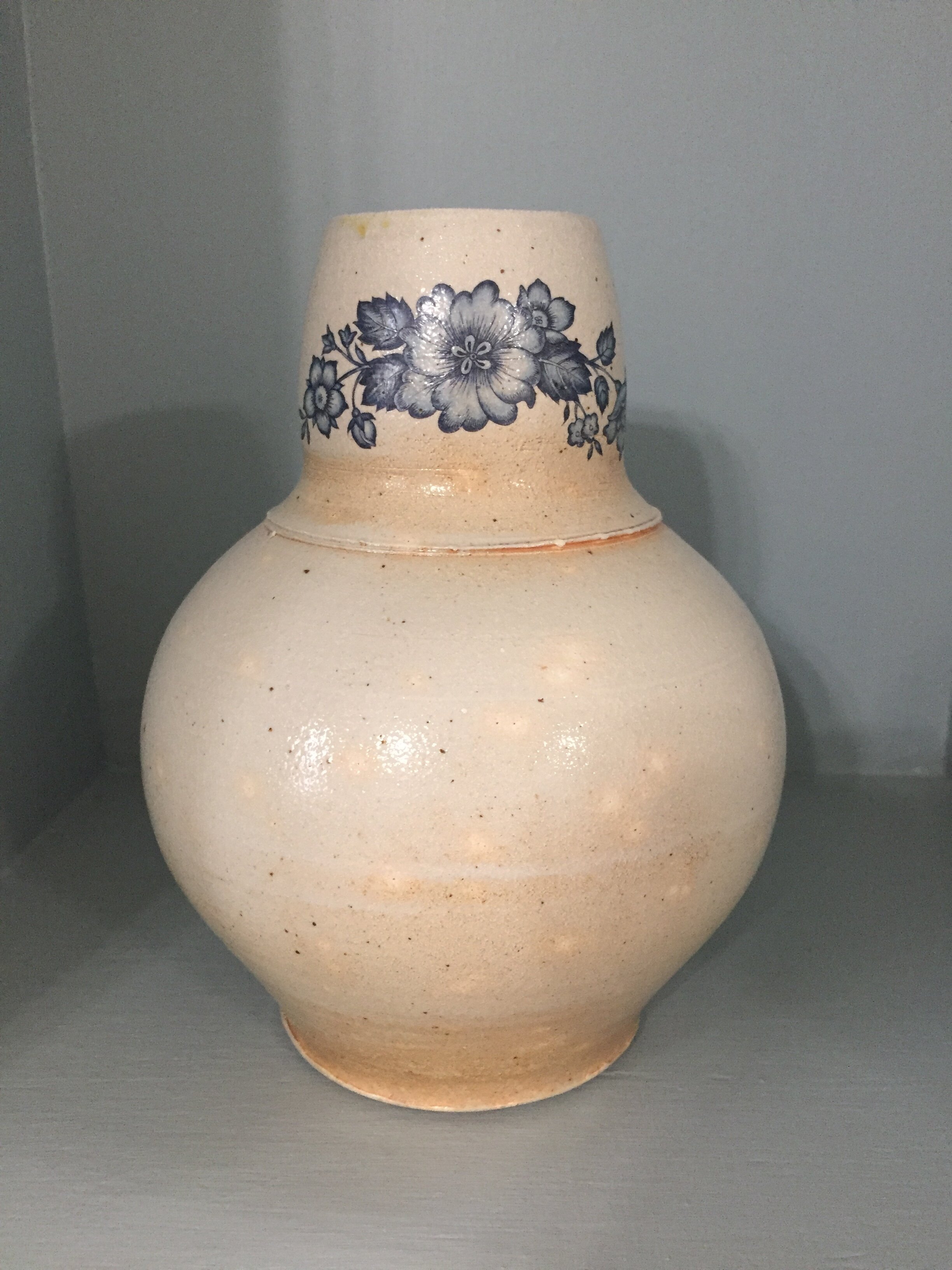 Riverside Pottery - cream vase with blue flower decal.JPG