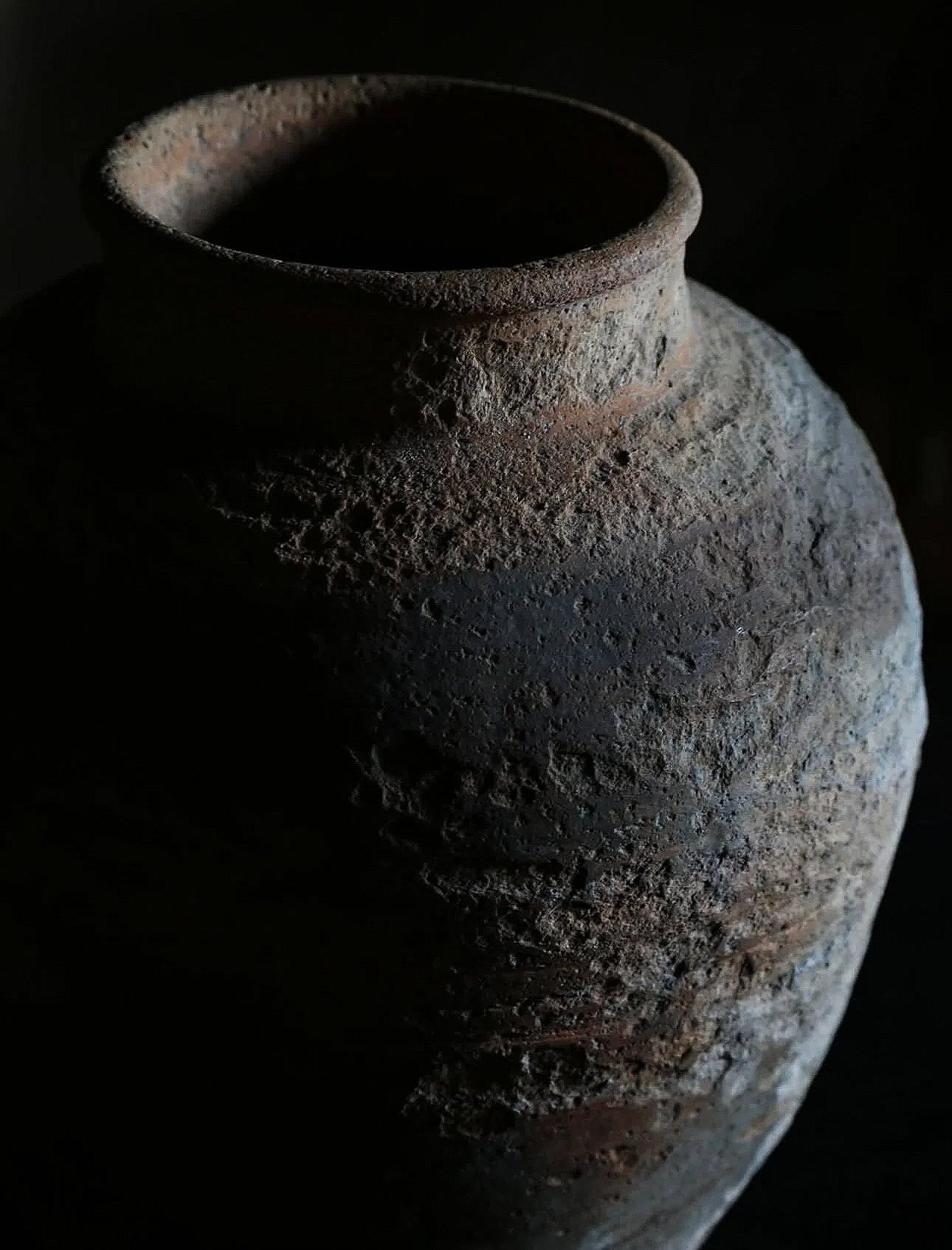 Close-up of the Edo Period Shigaraki jar showing natural ash deposits, iron-rich clay and wood-fired surface.