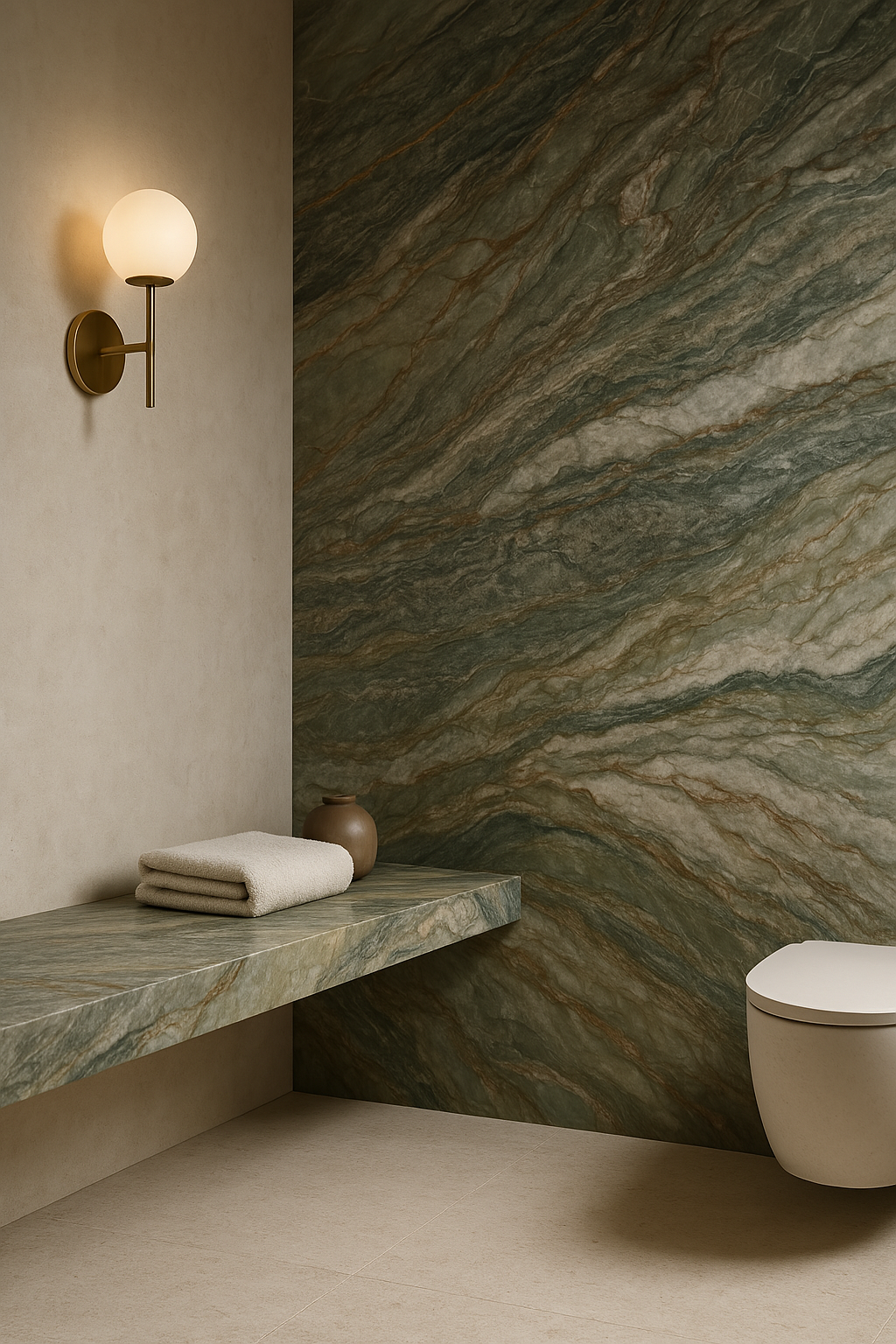 Wanderer by plonc. — authored porcelain surface featuring pronounced geological relief with layered mineral greens, graphite, white and restrained rust tones inspired by weathered Australian landscapes.