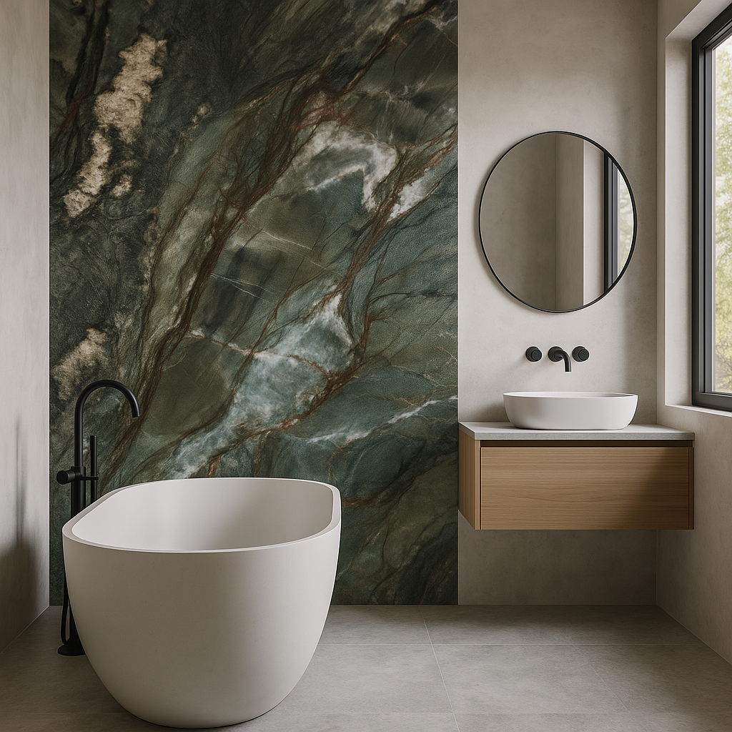 Wanderer by plonc. — authored porcelain surface featuring pronounced geological relief with layered mineral greens, graphite, white and restrained rust tones inspired by weathered Australian landscapes.