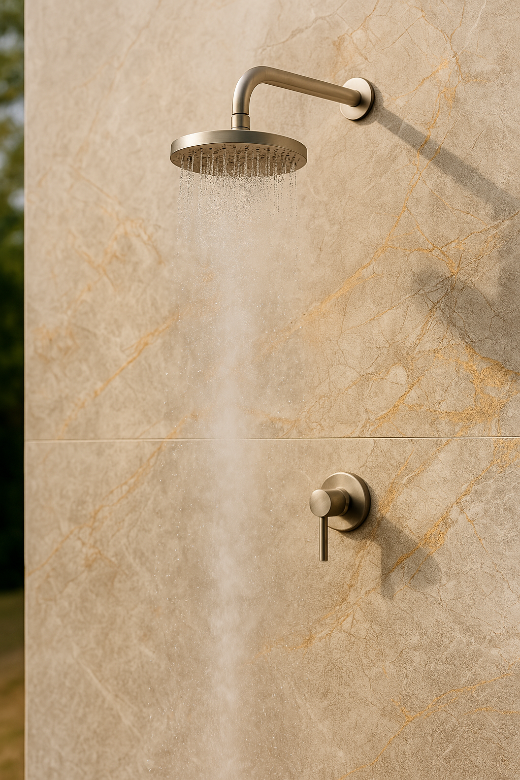 Sunset authored porcelain surface by plonc. featuring subtle relief, warm beige mineral tones and restrained gold markings inspired by a year of observing light over Avoca Beach.