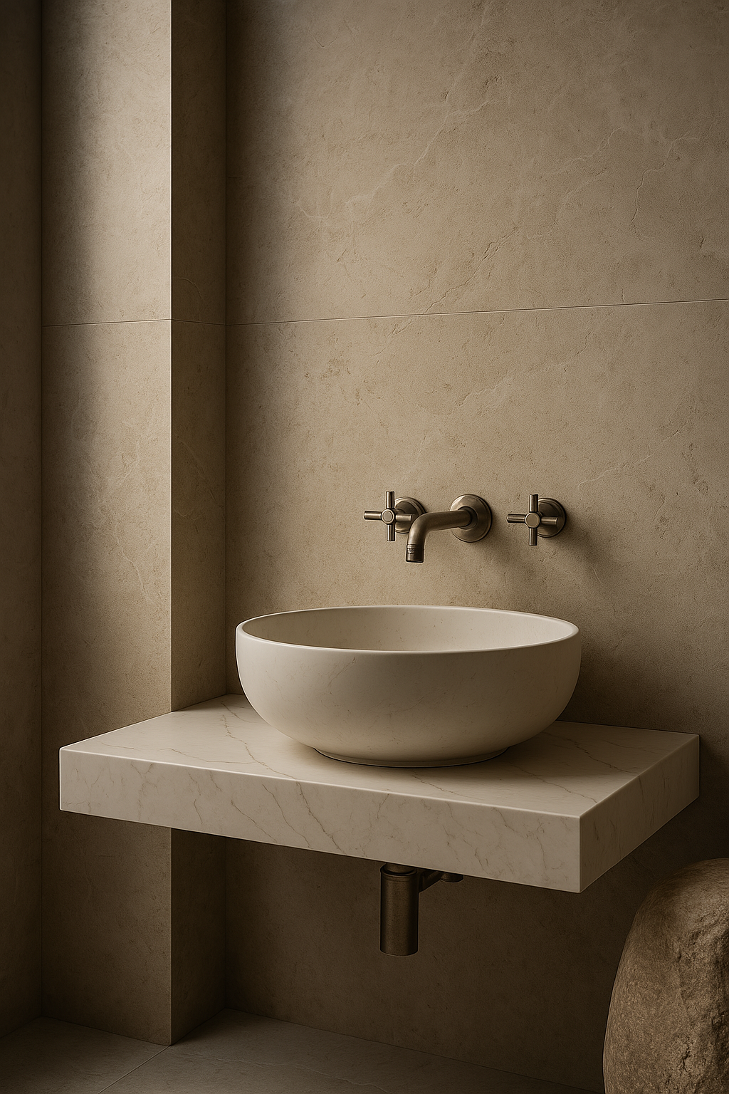 Sorrento Moon by plonc., an authored large-format porcelain surface with soft mineral tones, subtle lunar relief and a textured porcelain finish.