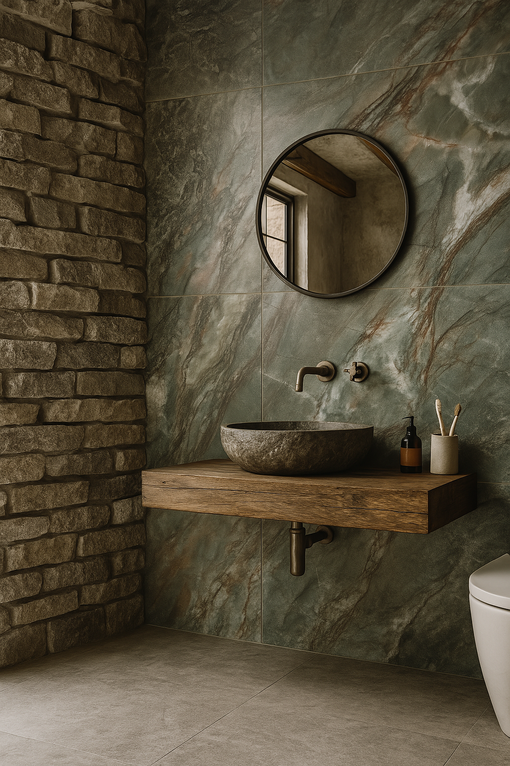 Wanderer by plonc. — authored porcelain surface featuring pronounced geological relief with layered mineral greens, graphite, white and restrained rust tones inspired by weathered Australian landscapes.