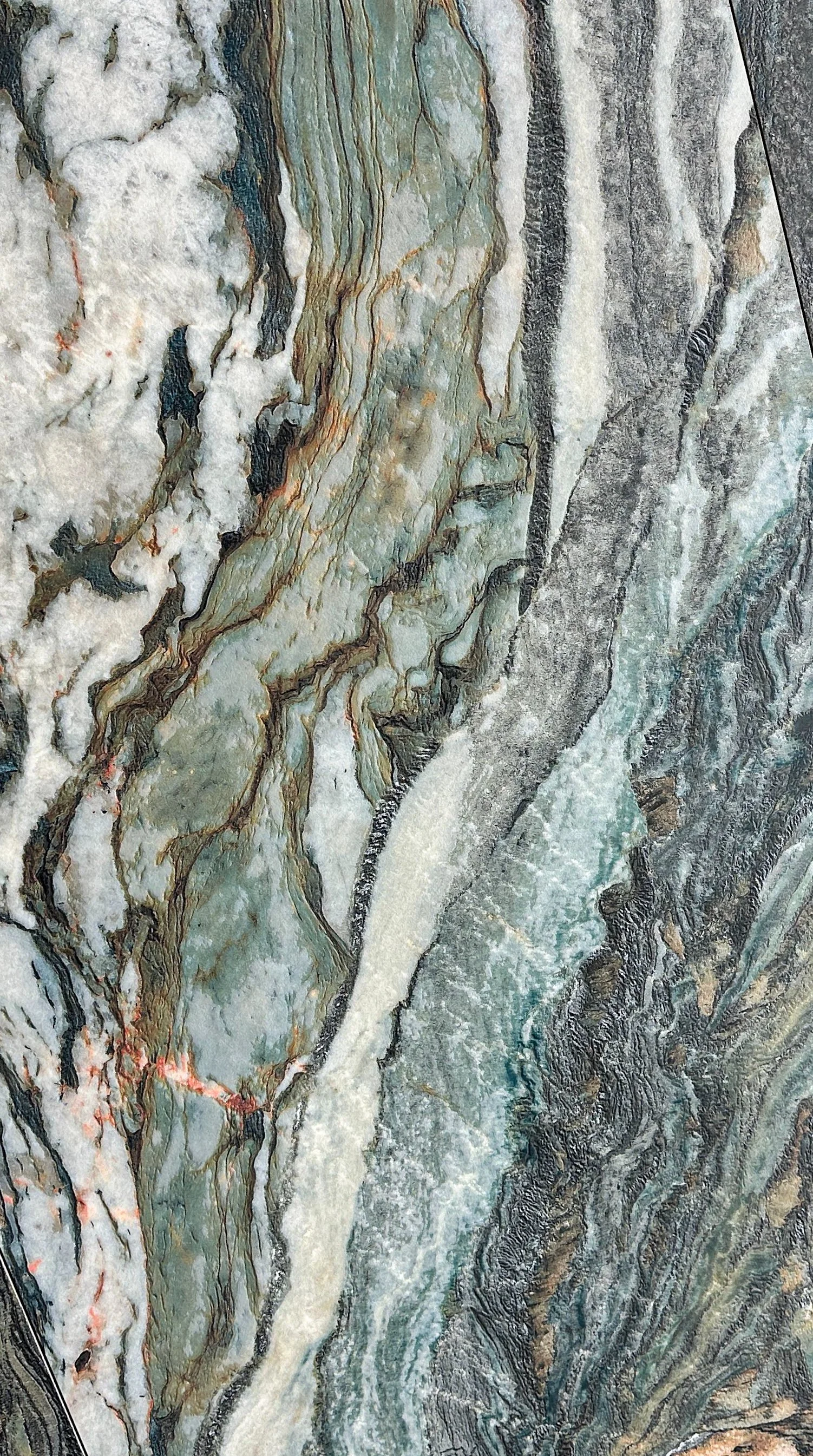 Wanderer by plonc. — authored porcelain surface featuring pronounced geological relief with layered mineral greens, graphite, white and restrained rust tones inspired by weathered Australian landscapes.