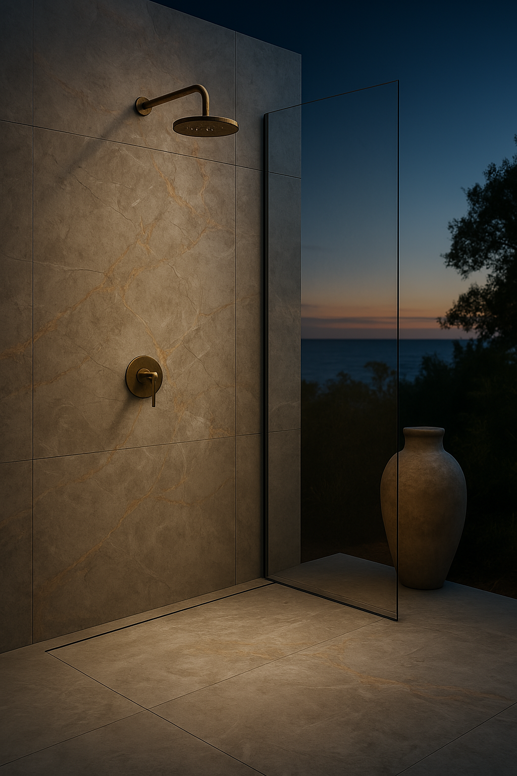Sunset authored porcelain surface by plonc. featuring subtle relief, warm beige mineral tones and restrained gold markings inspired by a year of observing light over Avoca Beach.